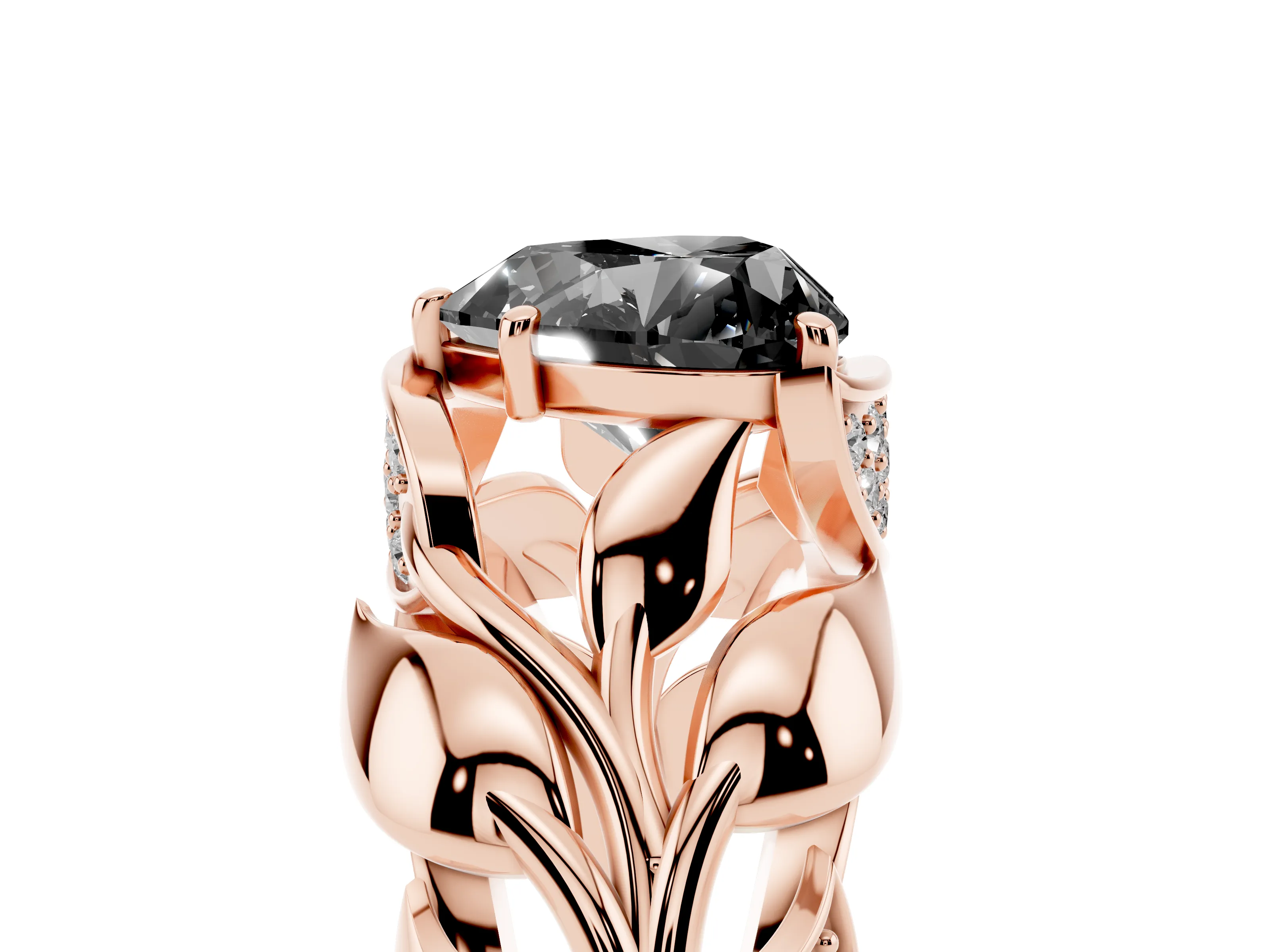 Fancy Black Heart Cut Diamond Leaf-Inspired Engagement Ring Set in Rose gold with Round Accents
