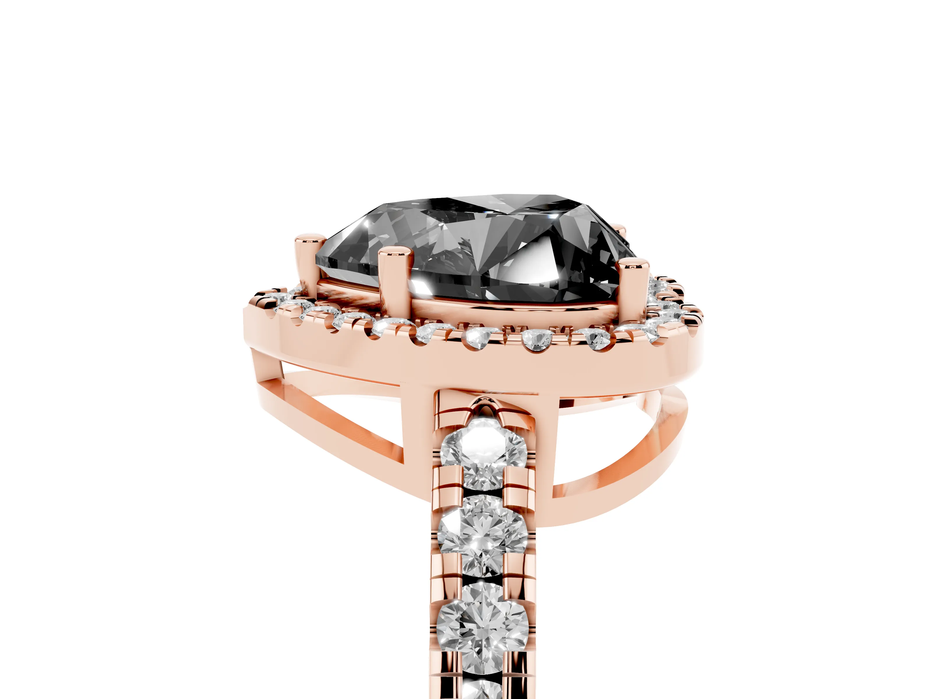 Fancy Black Heart Cut Diamond Halo Ring Set in Rose gold with Delicate Pavé Band and Prong Setting