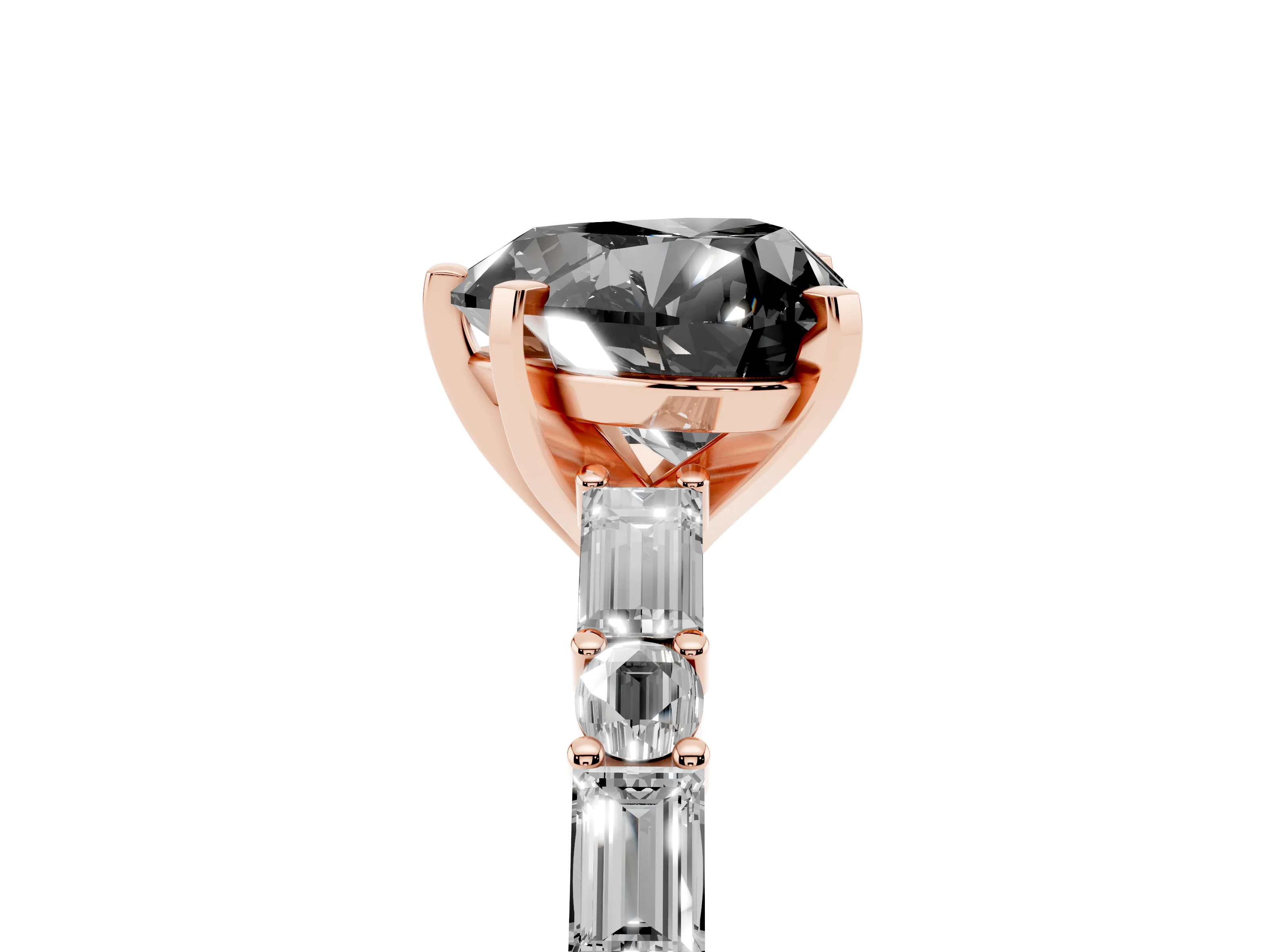 Fancy Black Heart Cut Diamond Solitaire Set in Rose gold with Side Baguettes and Channel Set Band