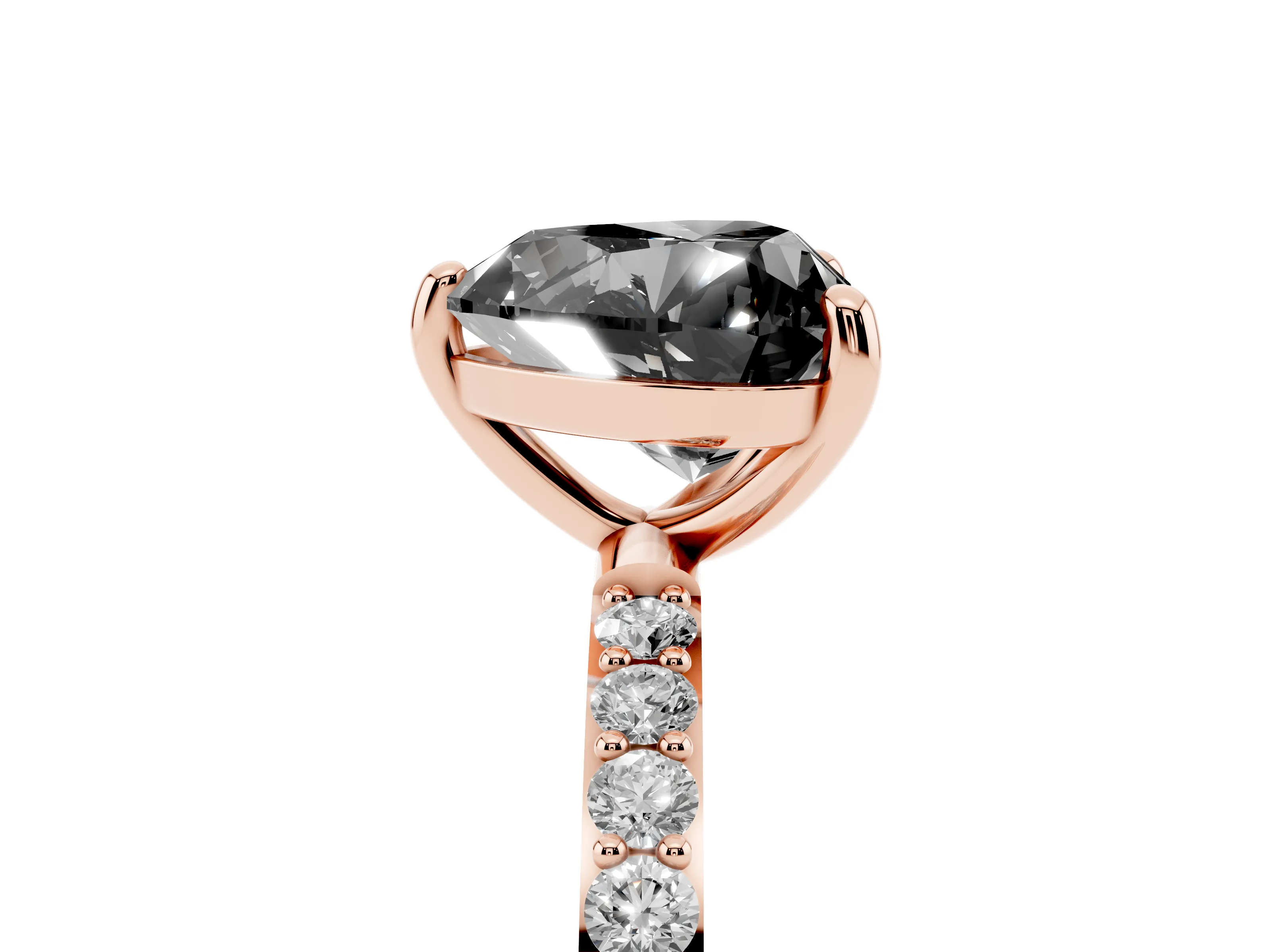 Fancy Black Heart Cut Diamond Solitaire Ring Set in Rose gold with Round Pavé Band and Prong Setting