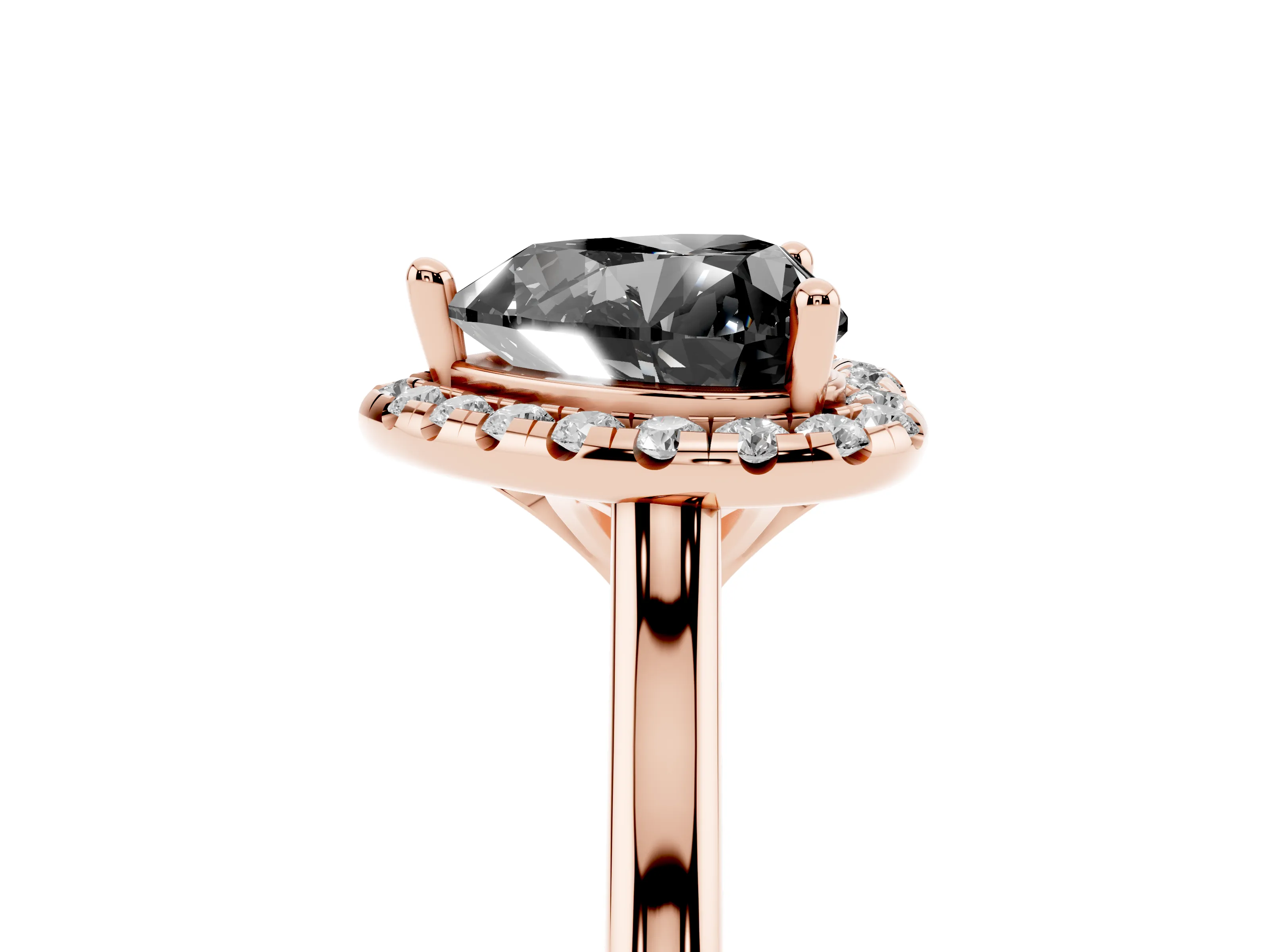 Fancy Black Heart Cut Diamond Halo Engagement Ring Set in Rose gold with Pavé Band and Rising Shoulders