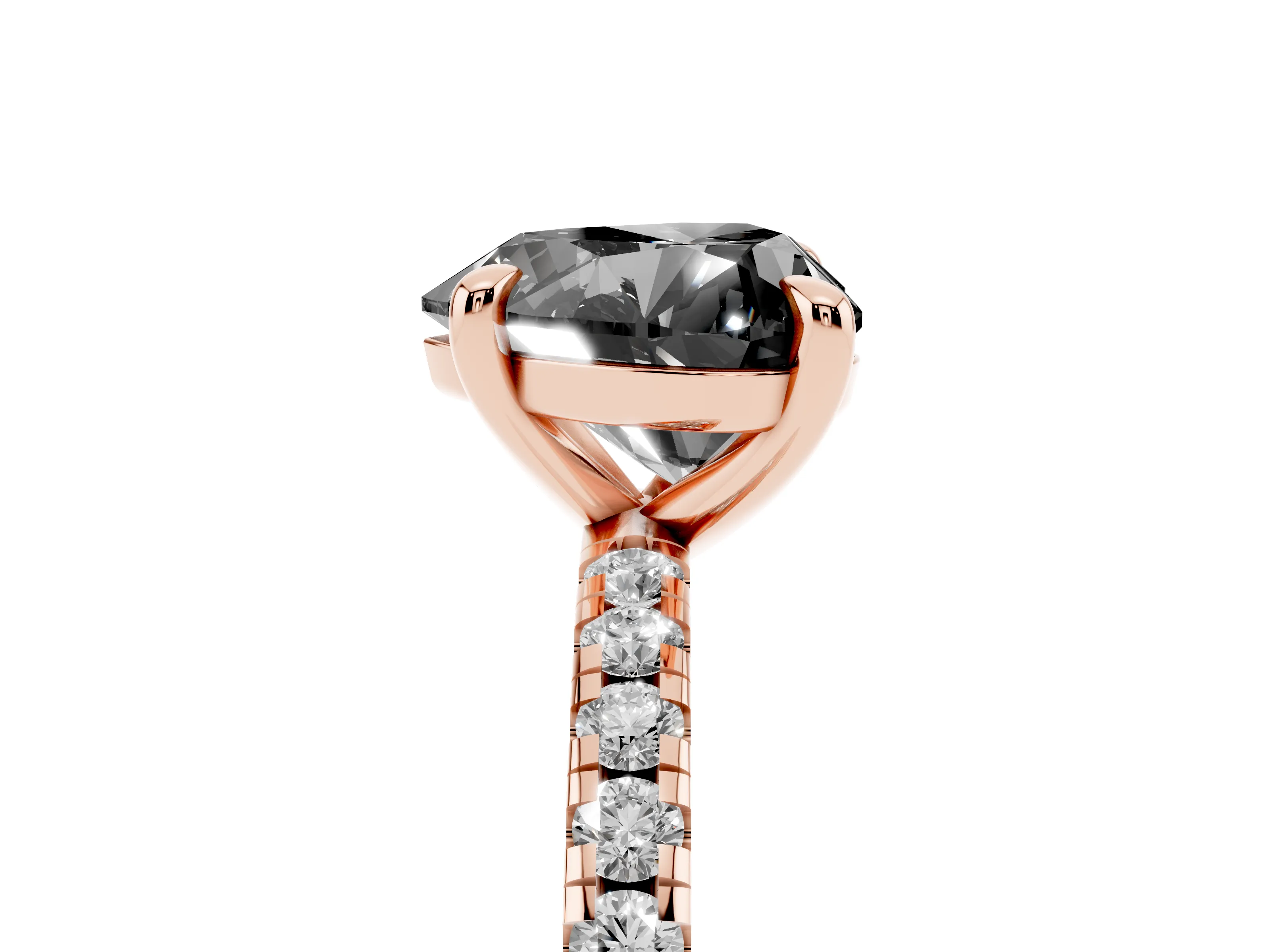 Fancy Black Heart Cut Diamond Brilliant Solitaire Ring Set in Rose gold with Pavé Band and Prong Setting