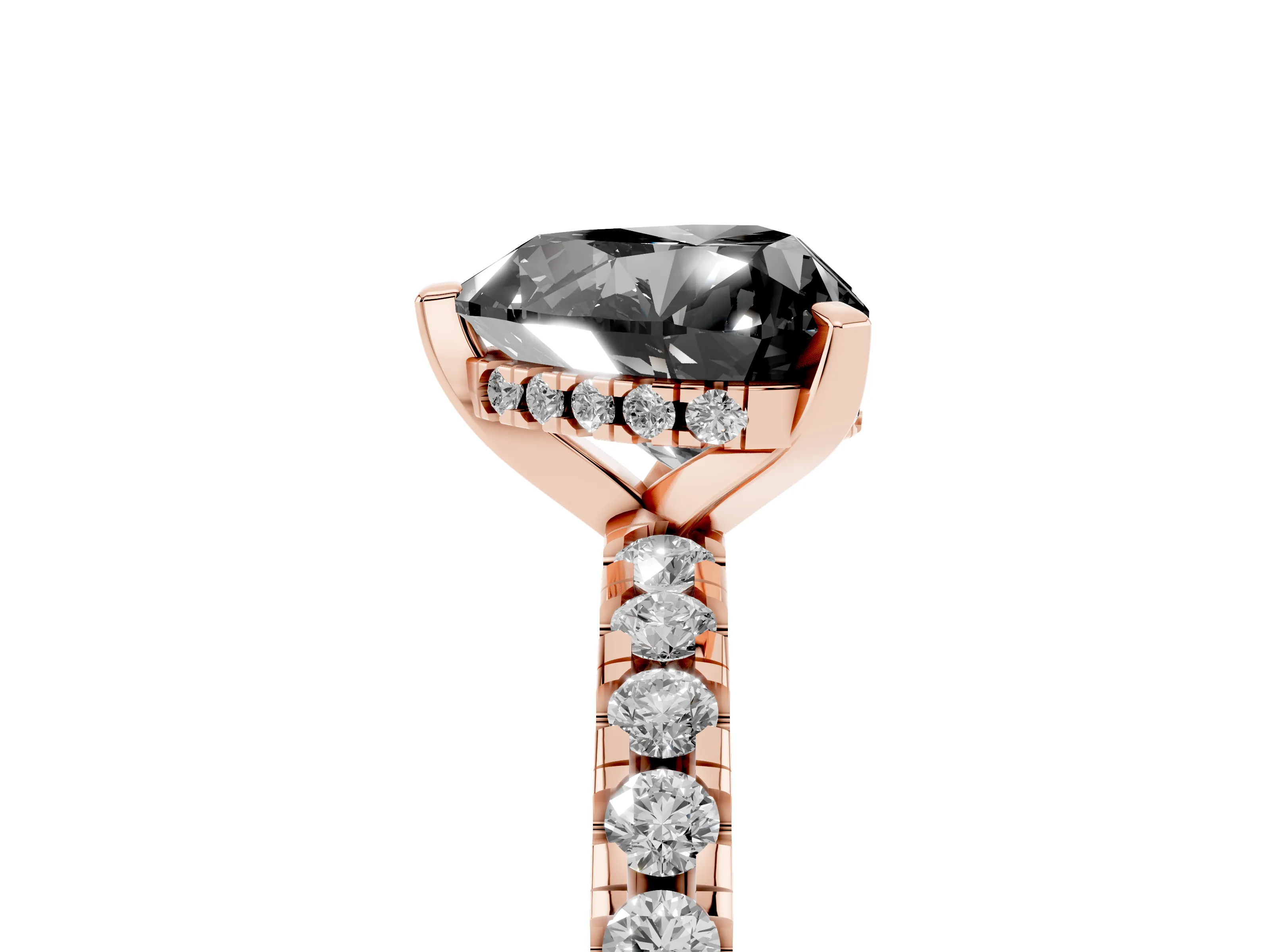Fancy Black Heart Cut Diamond Pavé Solitaire Ring Set in Rose gold with Round Band Accents and Prong Setting