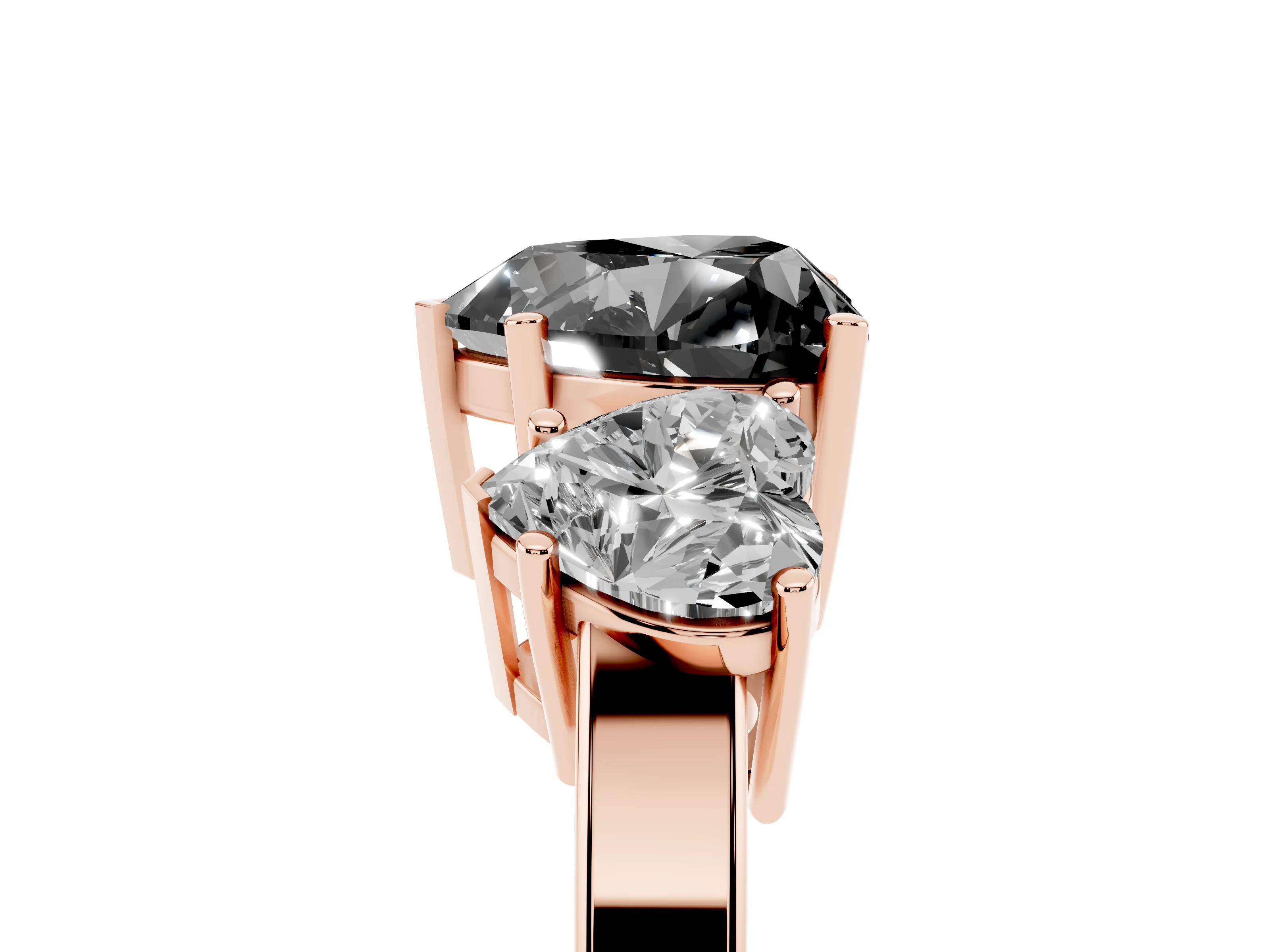 Fancy Black Heart Cut Diamond Three-Stone Engagement Ring Set in Rose gold with Flat Band