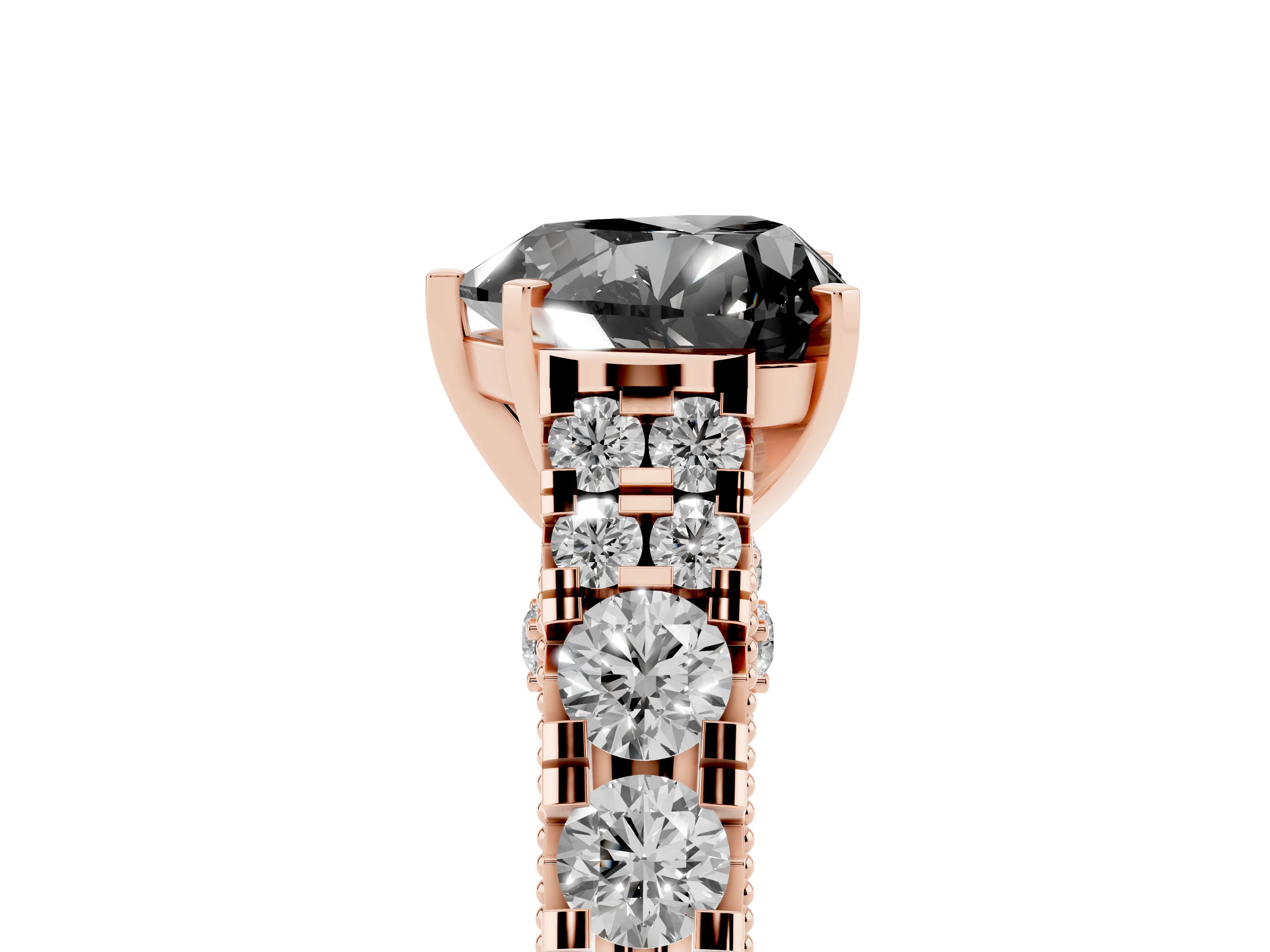 Fancy Black Heart Cut Diamond Classic Solitaire Ring Set in Rose gold with Pavé Band and Prong Setting