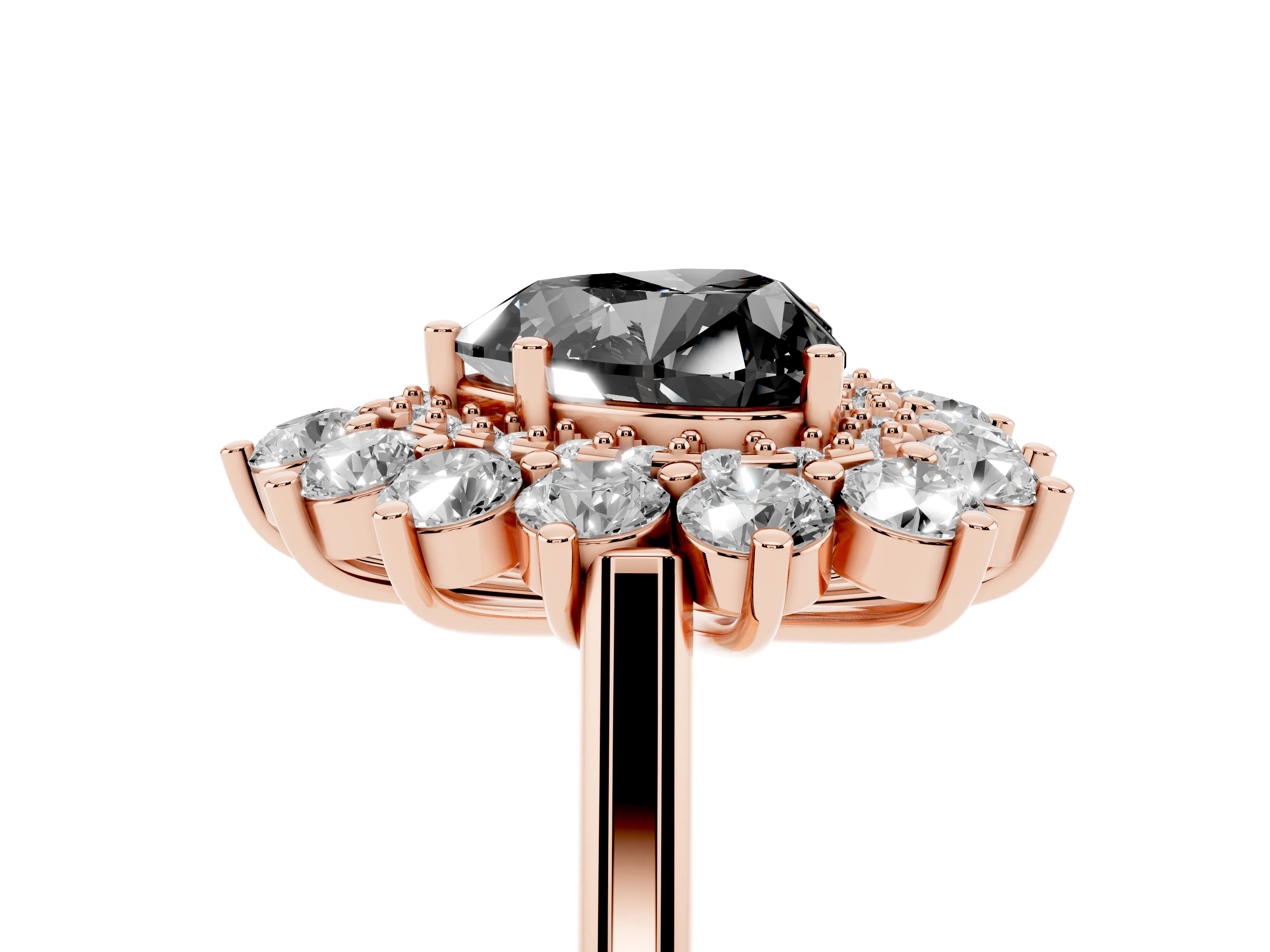 Fancy Black Heart Cut Diamond Floral Double Halo Ring Set in Rose gold with Round Petals