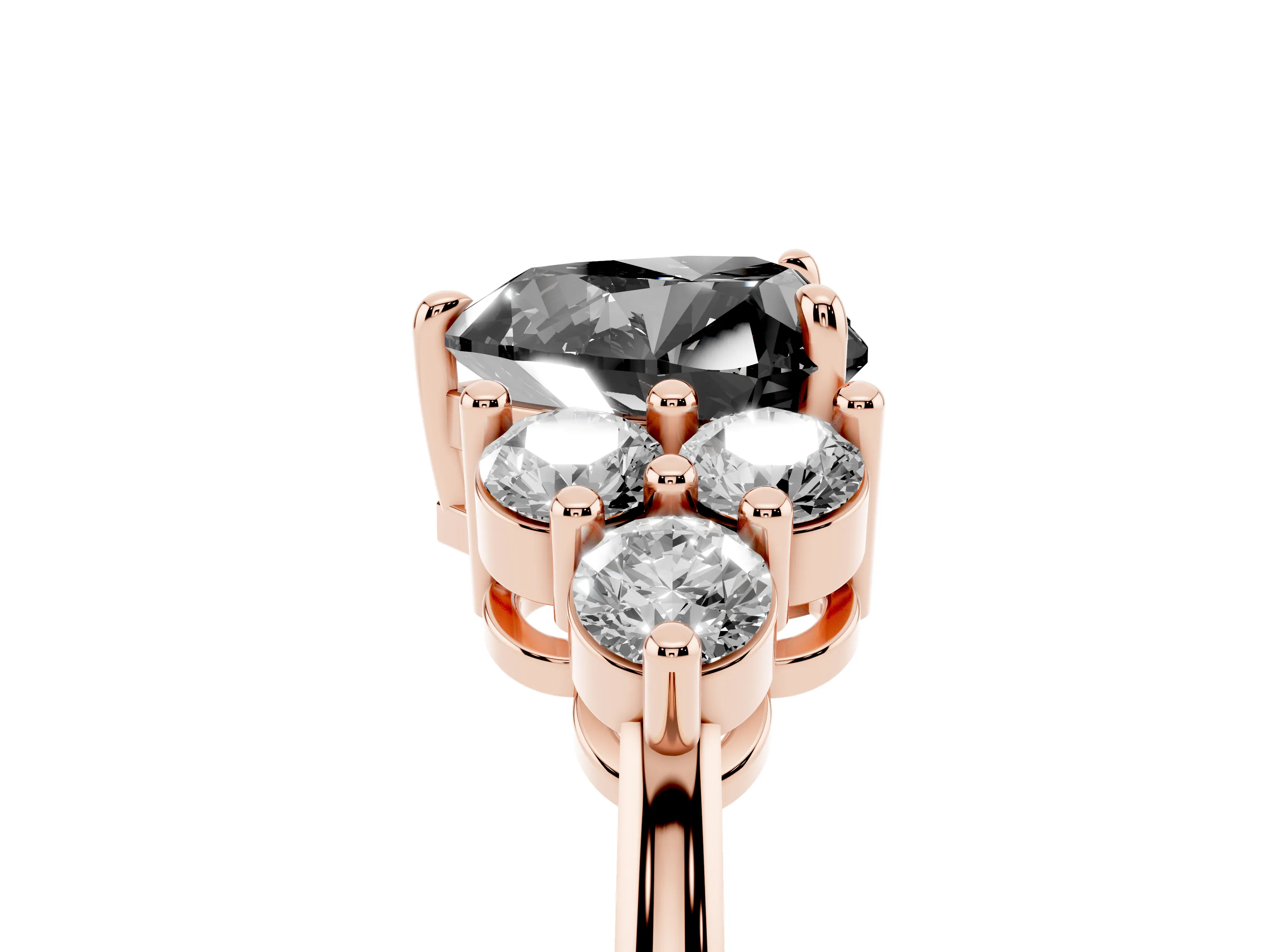 Fancy Black Heart Cut Diamond Solitaire Ring Set in Rose gold with Cluster Accents on Each Side
