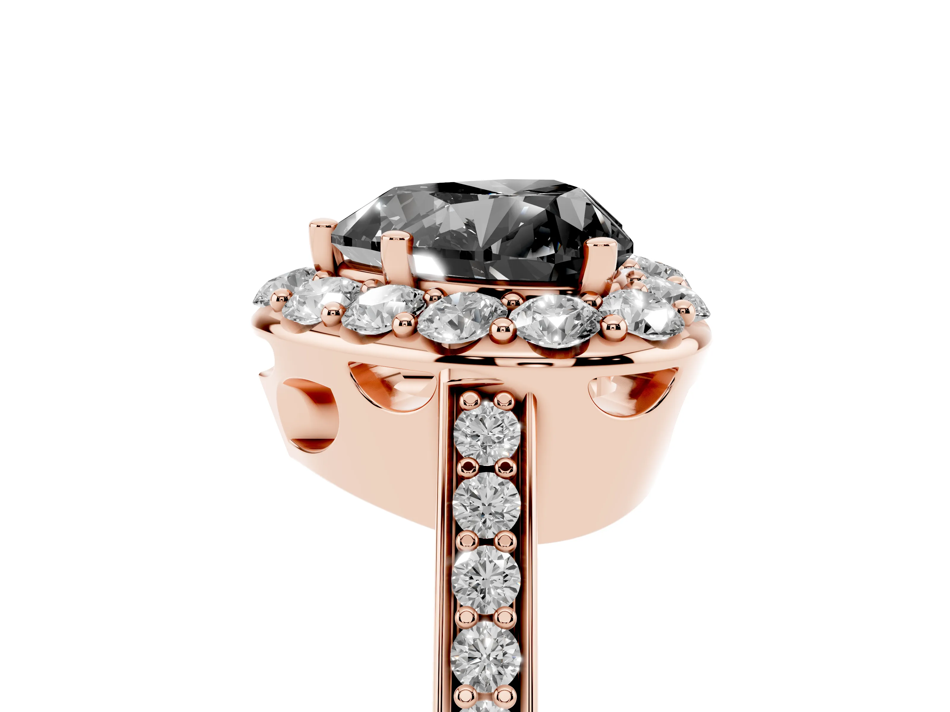 Fancy Black Heart Cut Diamond Floral Halo Ring Set in Rose gold with Pavé Band and Prong Setting