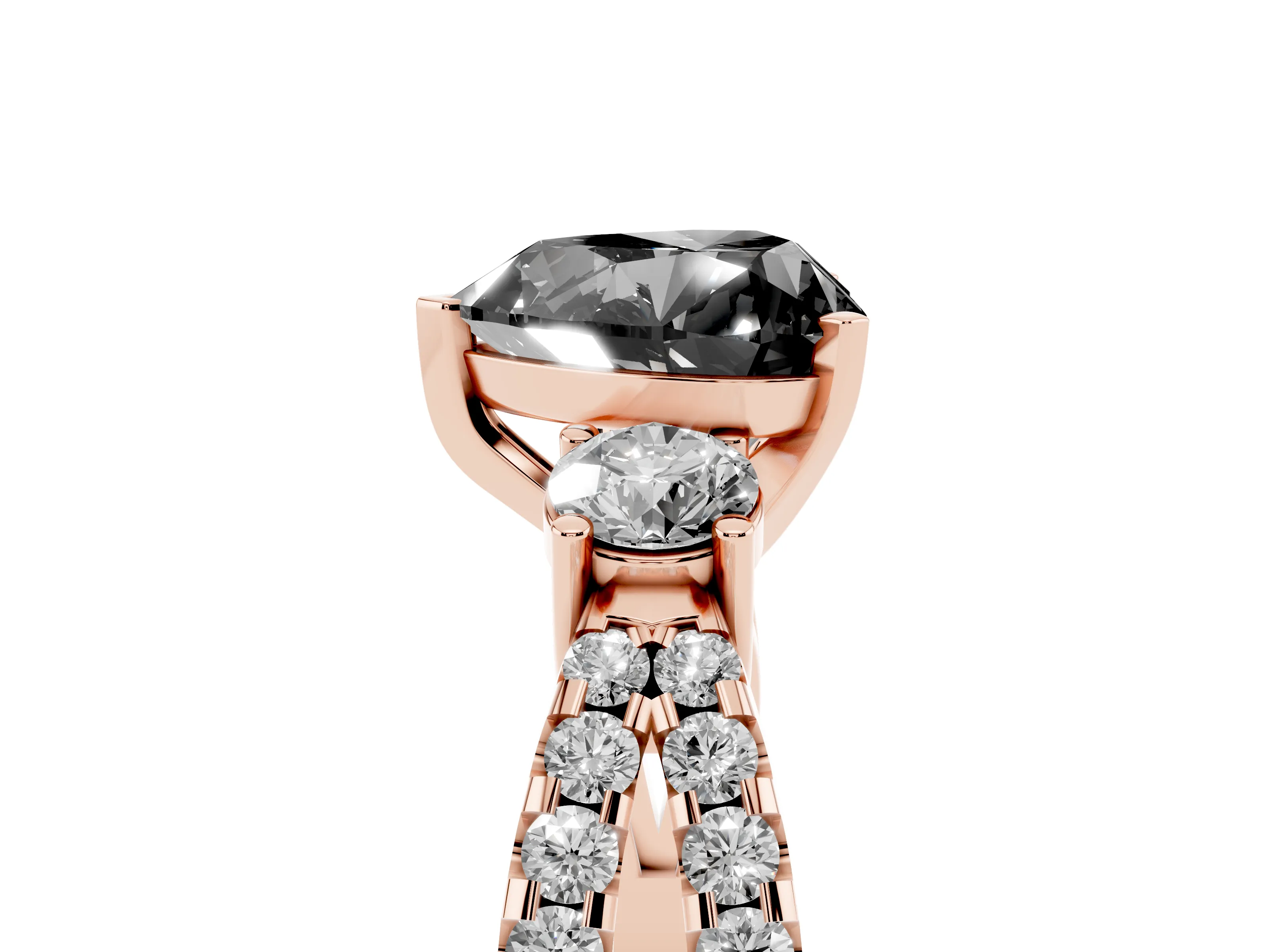 Fancy Black Heart Cut Diamond Three-Stone Ring Set in Rose gold with Pavé Split Shank and Prong Setting