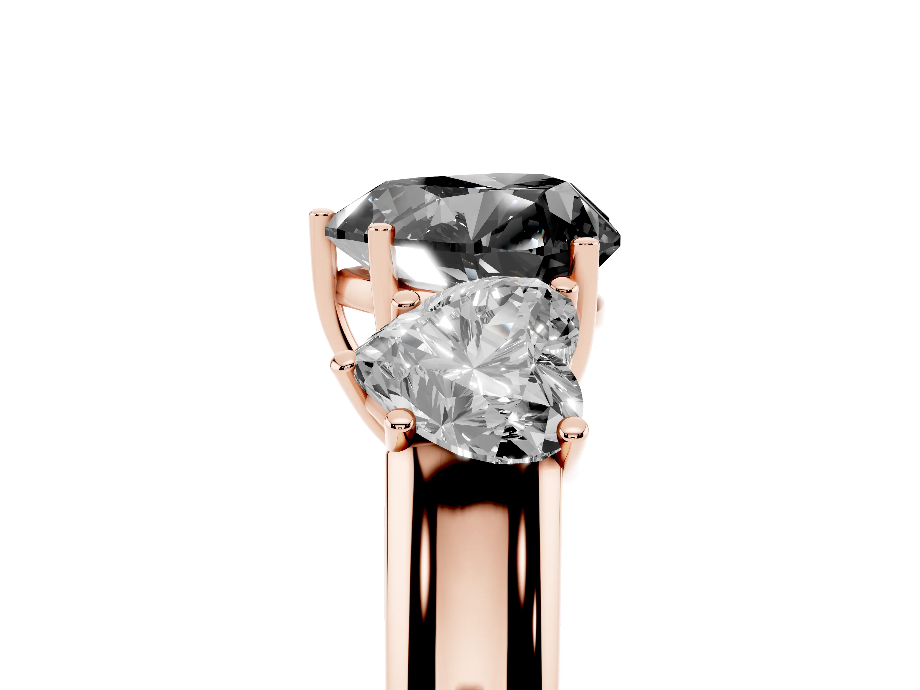 Fancy Black Three-Stone Heart Cut Diamond Ring Set in Rose gold with Matching Prong Settings and Plain Band