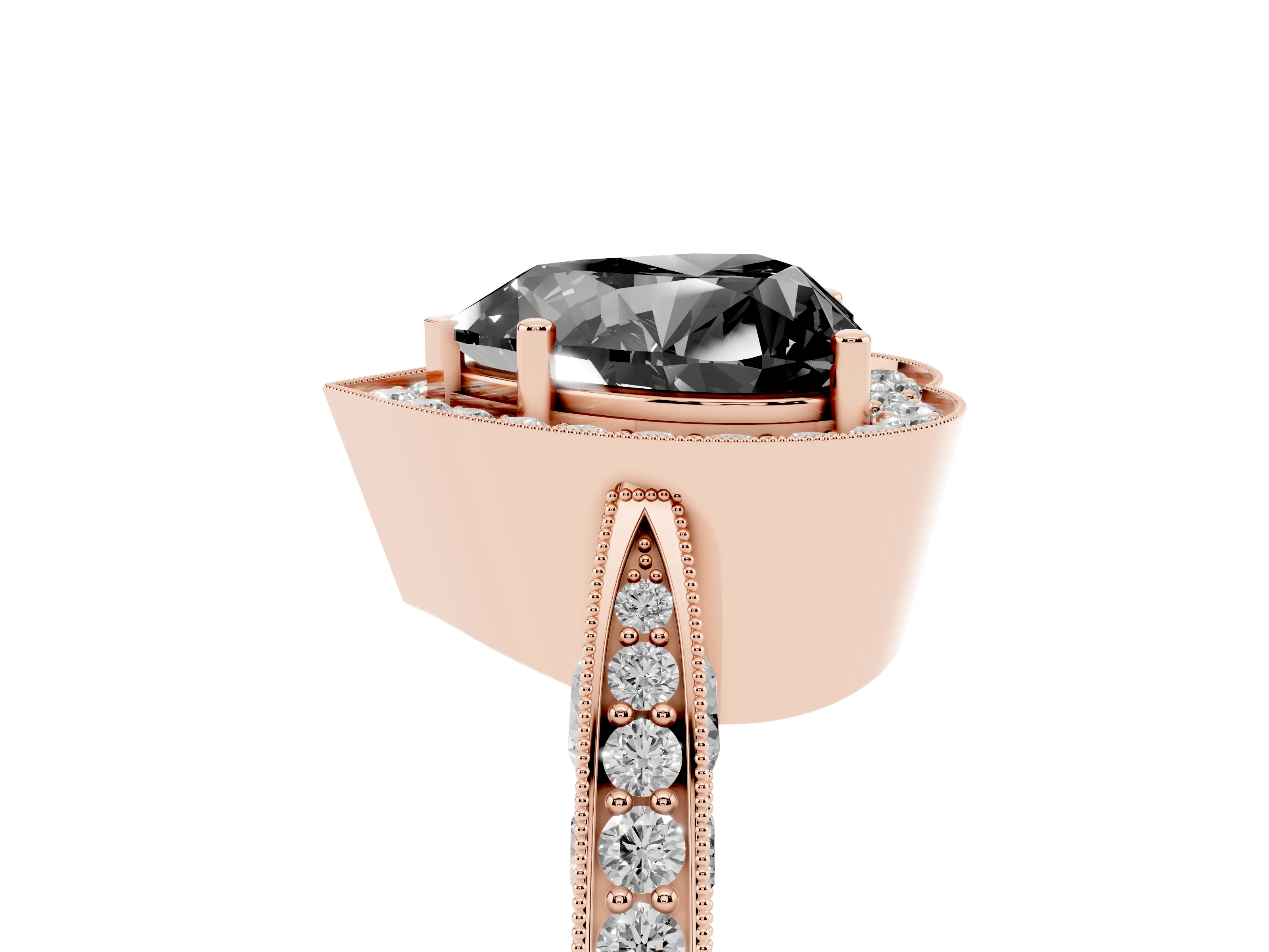 Fancy Black Heart Cut Diamond Halo Engagement Ring Set in Rose gold with Accent Split Shank Band
