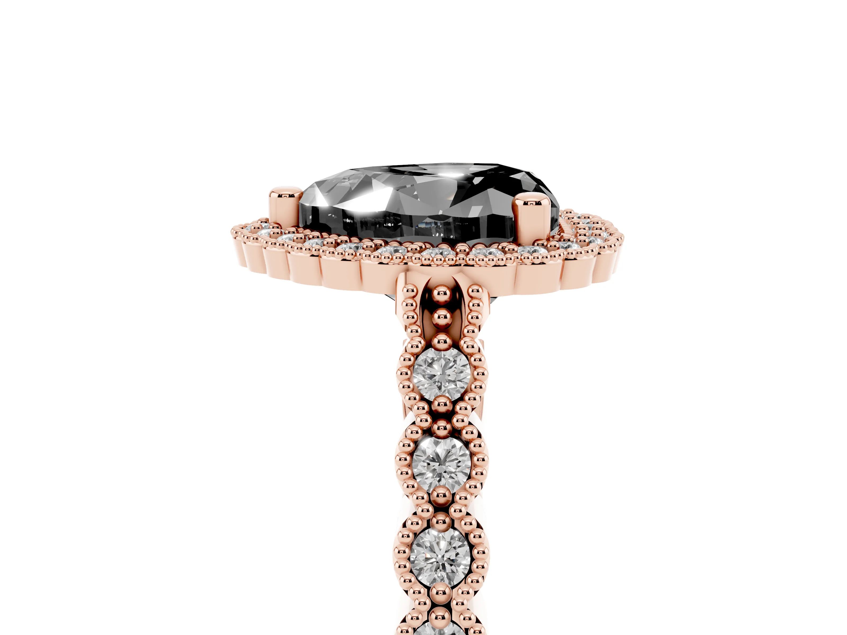 Fancy Black Heart Cut Diamond Halo Ring Set in Rose gold with Pavé Milgrain Band