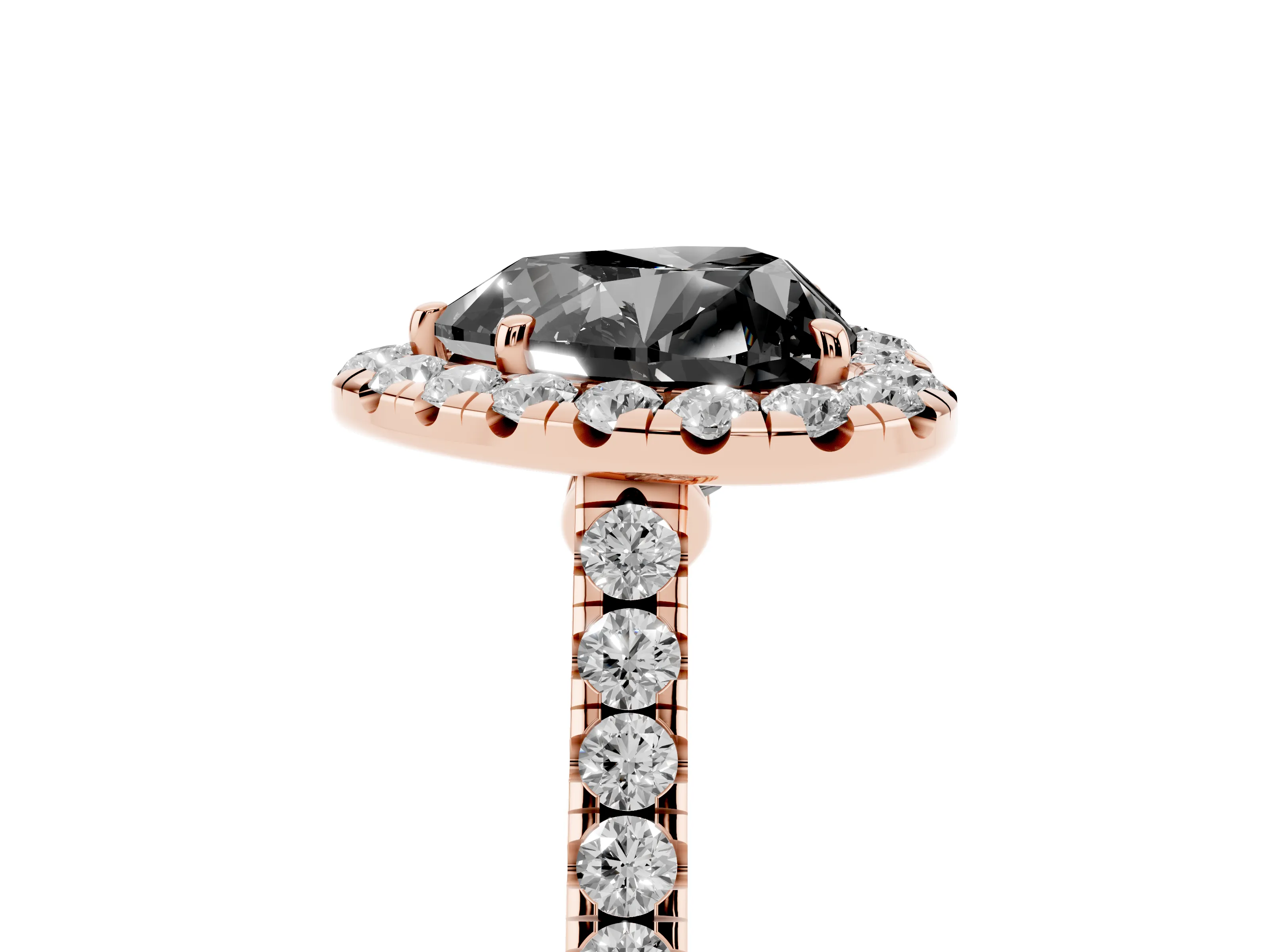 Fancy Black Heart Cut Diamond Halo Pavé Engagement Ring Set in Rose gold with Prong Setting