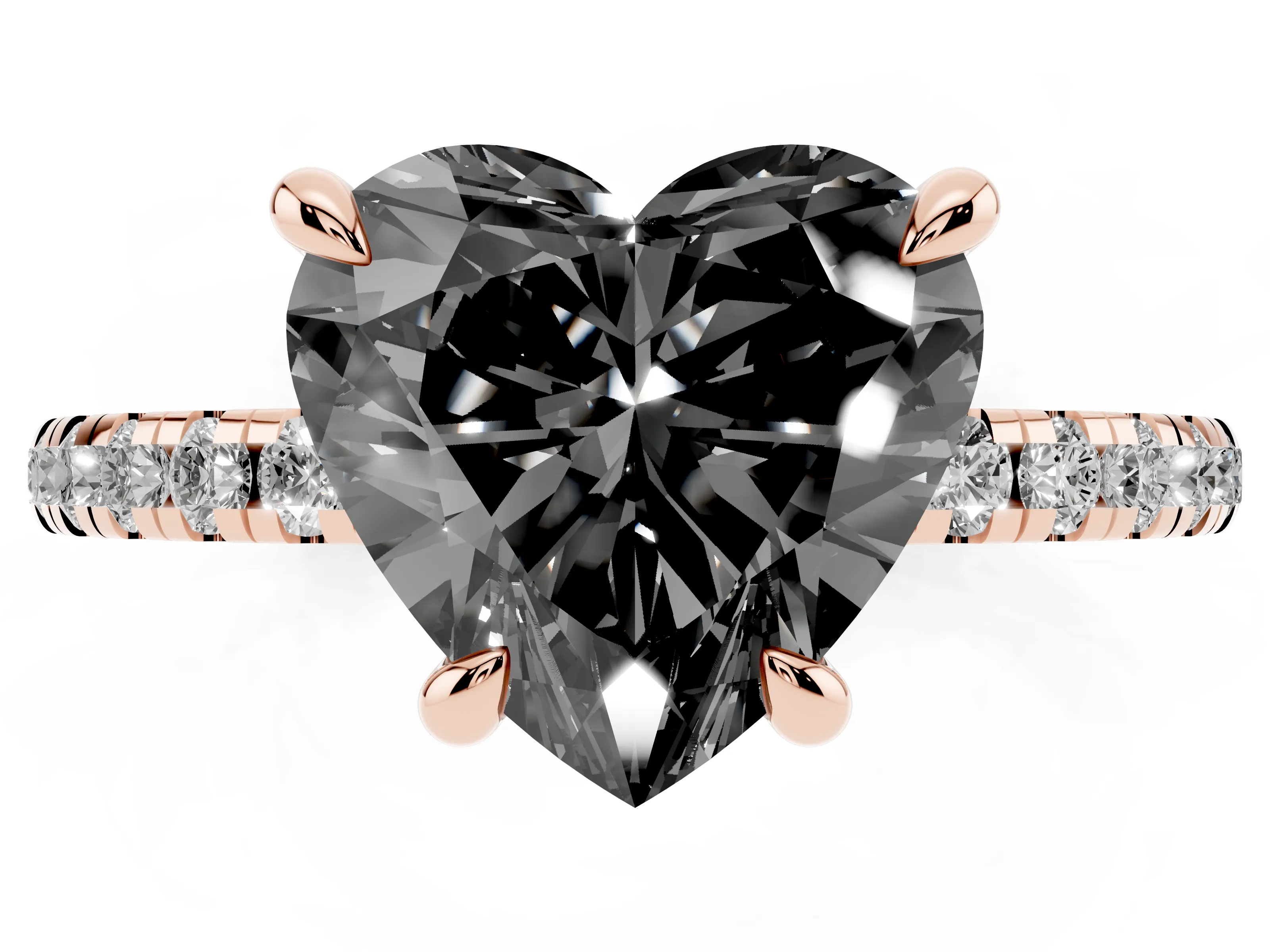 Fancy Black Heart Cut Diamond Brilliant Solitaire Ring Set in Rose gold with Pavé Band and Prong Setting