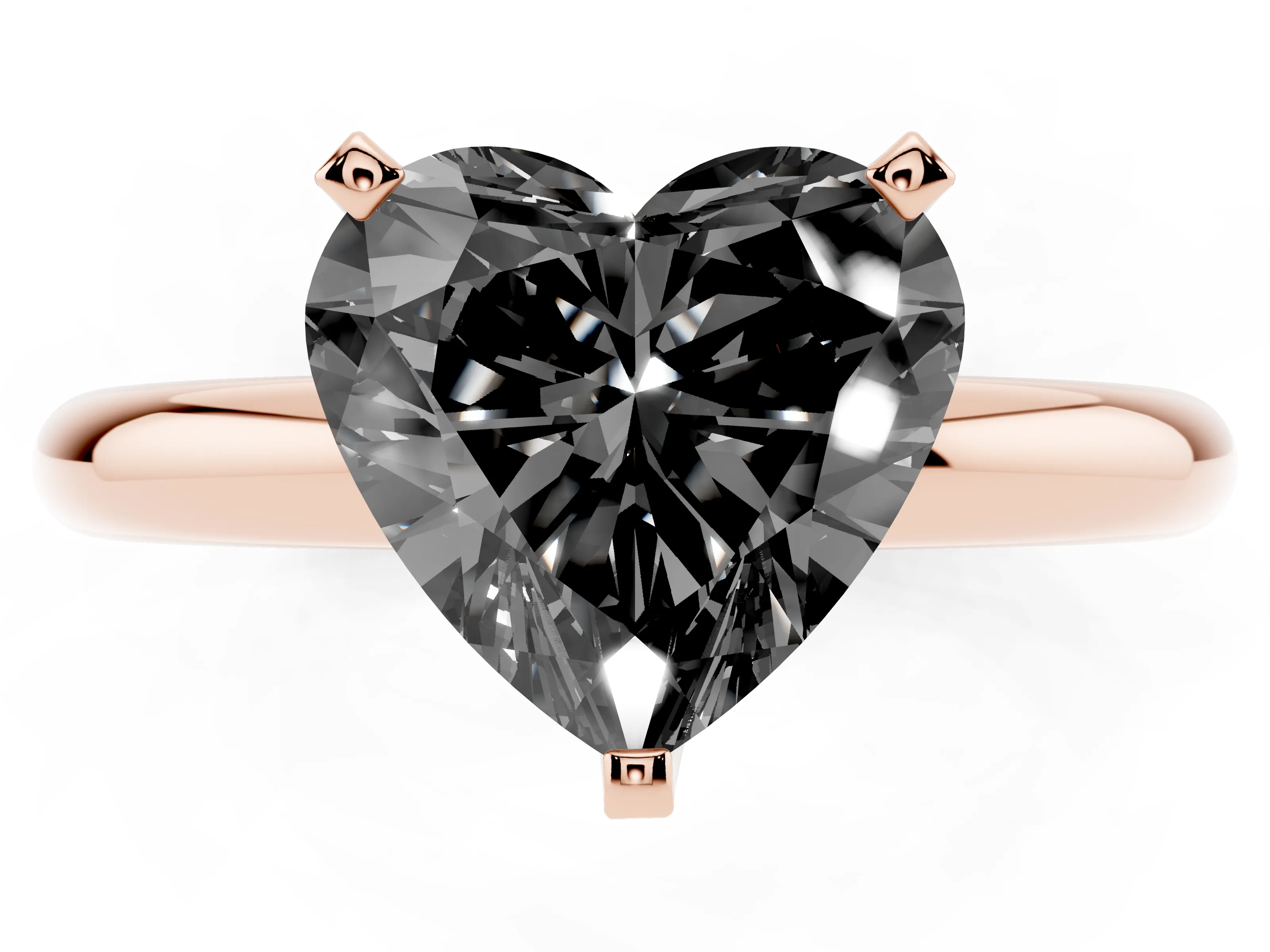 Fancy Black Heart Cut Diamond Solitaire Engagement Ring Set in Rose gold with Round Band and Prong Setting
