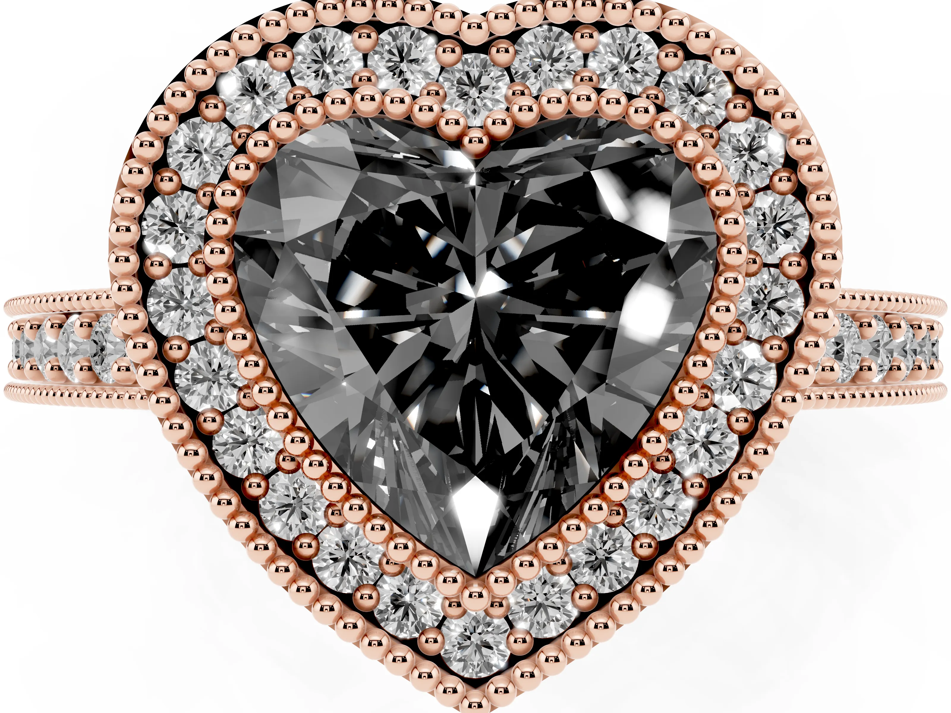Fancy Black Heart Cut Diamond Halo Engagement Ring Set in Rose gold with Pavé Band and Round Halo Stones