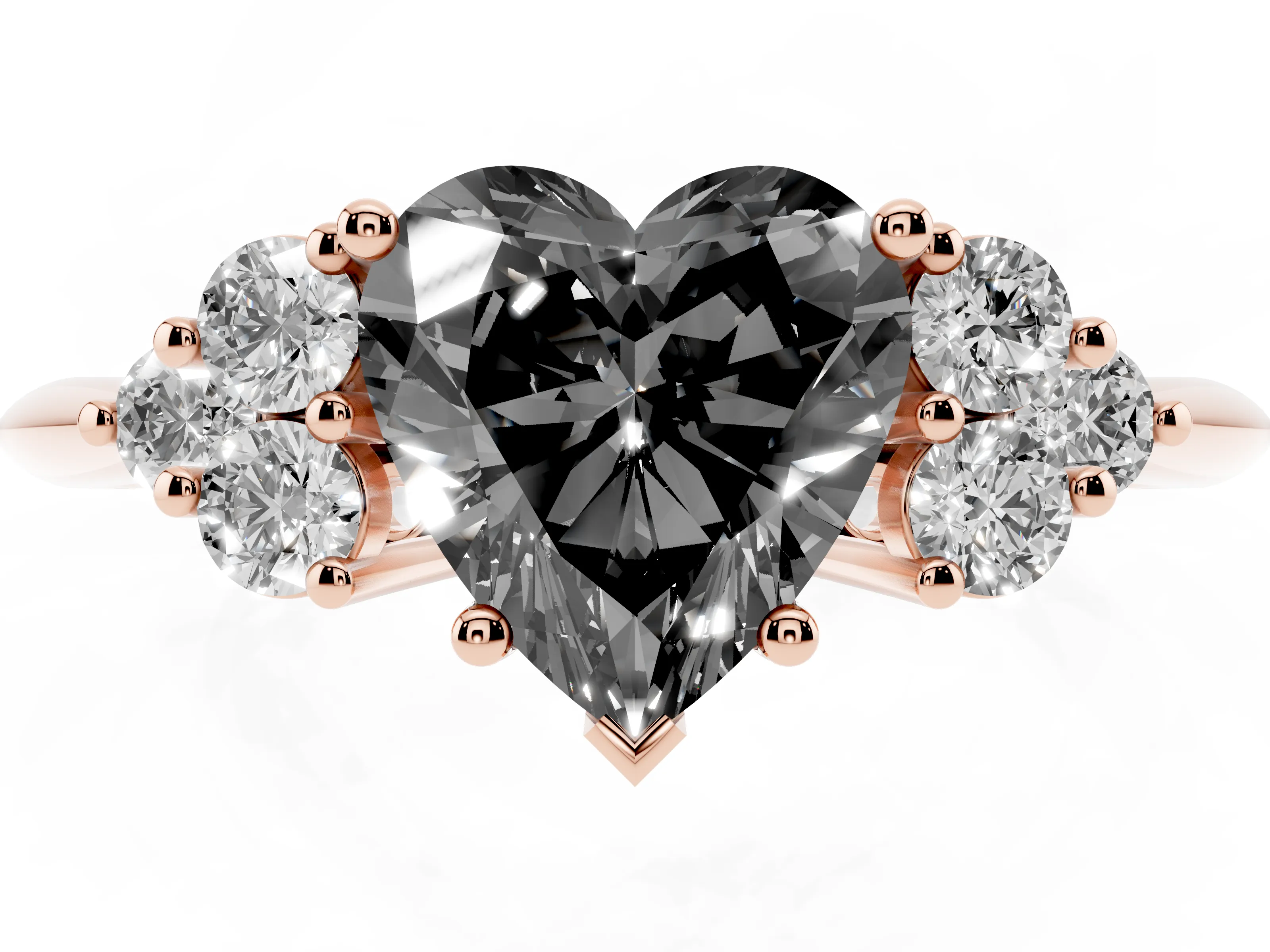 Fancy Black Heart Cut Diamond Cluster Ring Set in Rose gold with Plain Band and Prong Setting