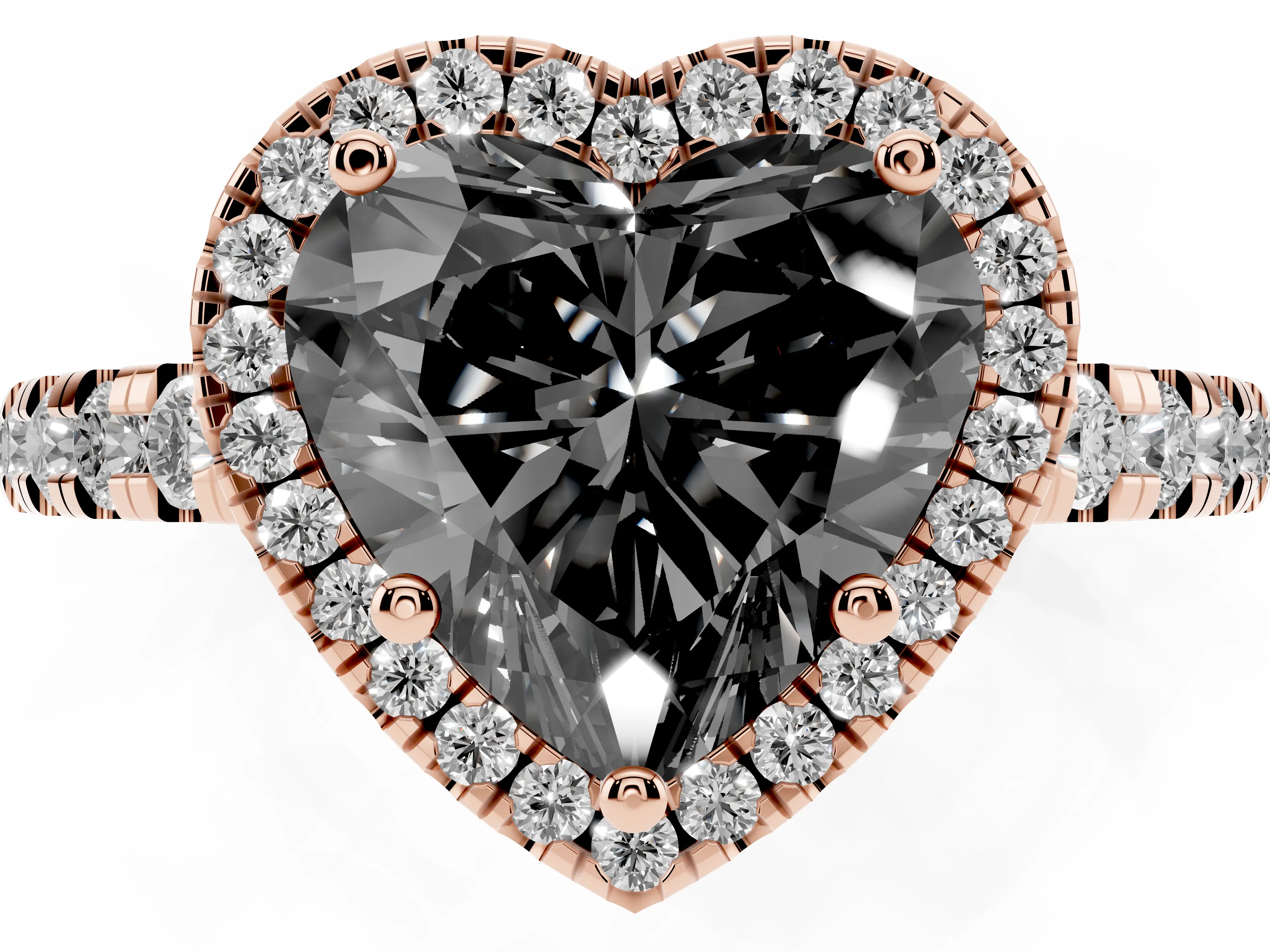 Fancy Black Heart Cut Diamond Halo Ring Set in Rose gold with Delicate Pavé Band and Prong Setting