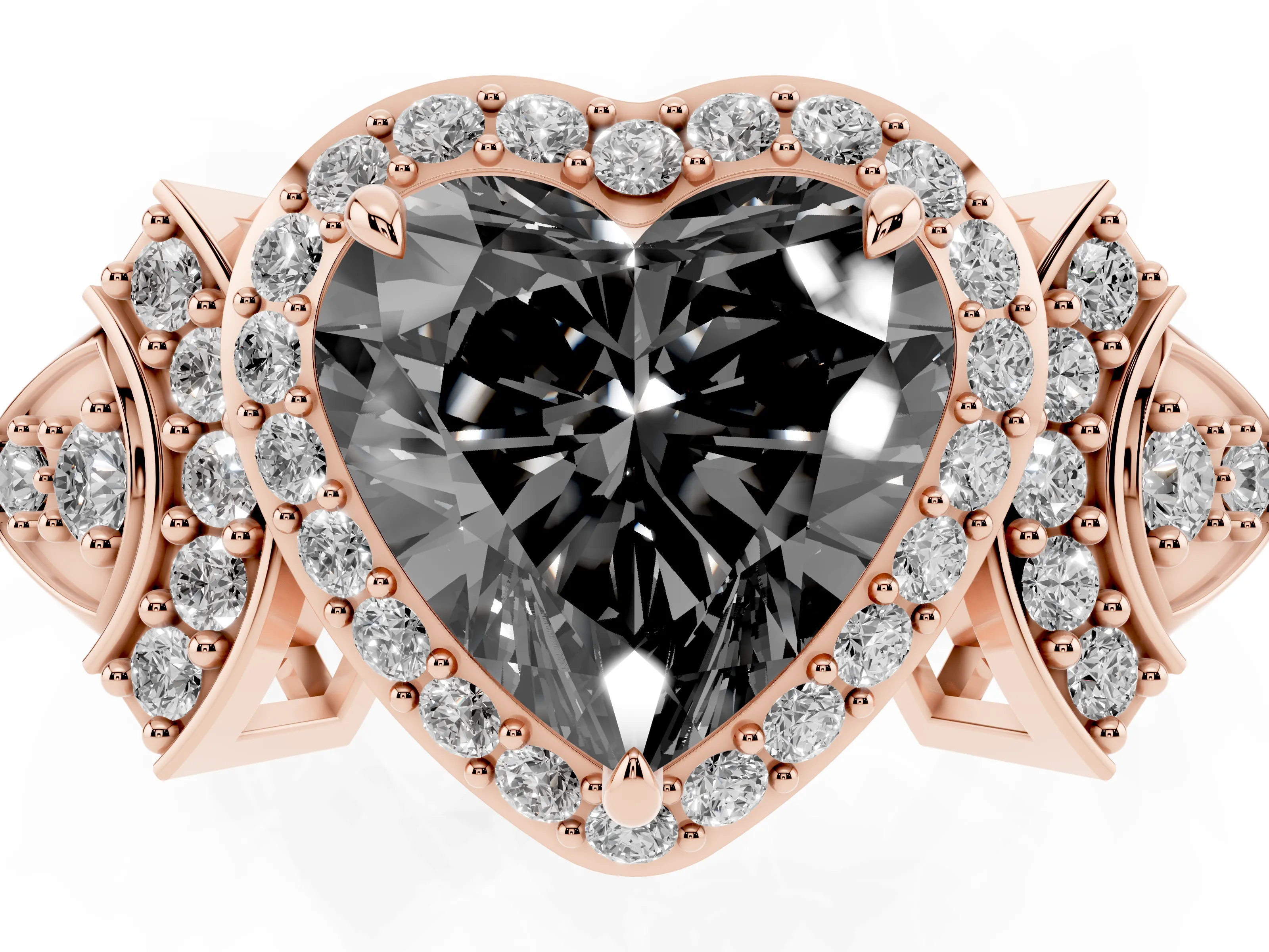 Fancy Black Heart Cut Diamond Halo Engagement Ring Set in Rose gold with Accent Stone Split Shank