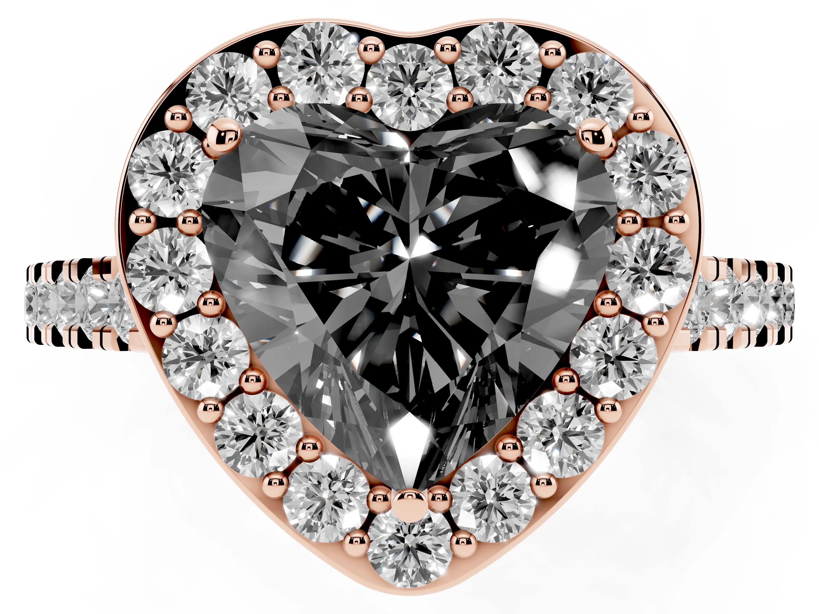 Fancy Black Heart Cut Diamond Halo Ring Set in Rose gold with Round Pavé Split Shank and Prong Setting