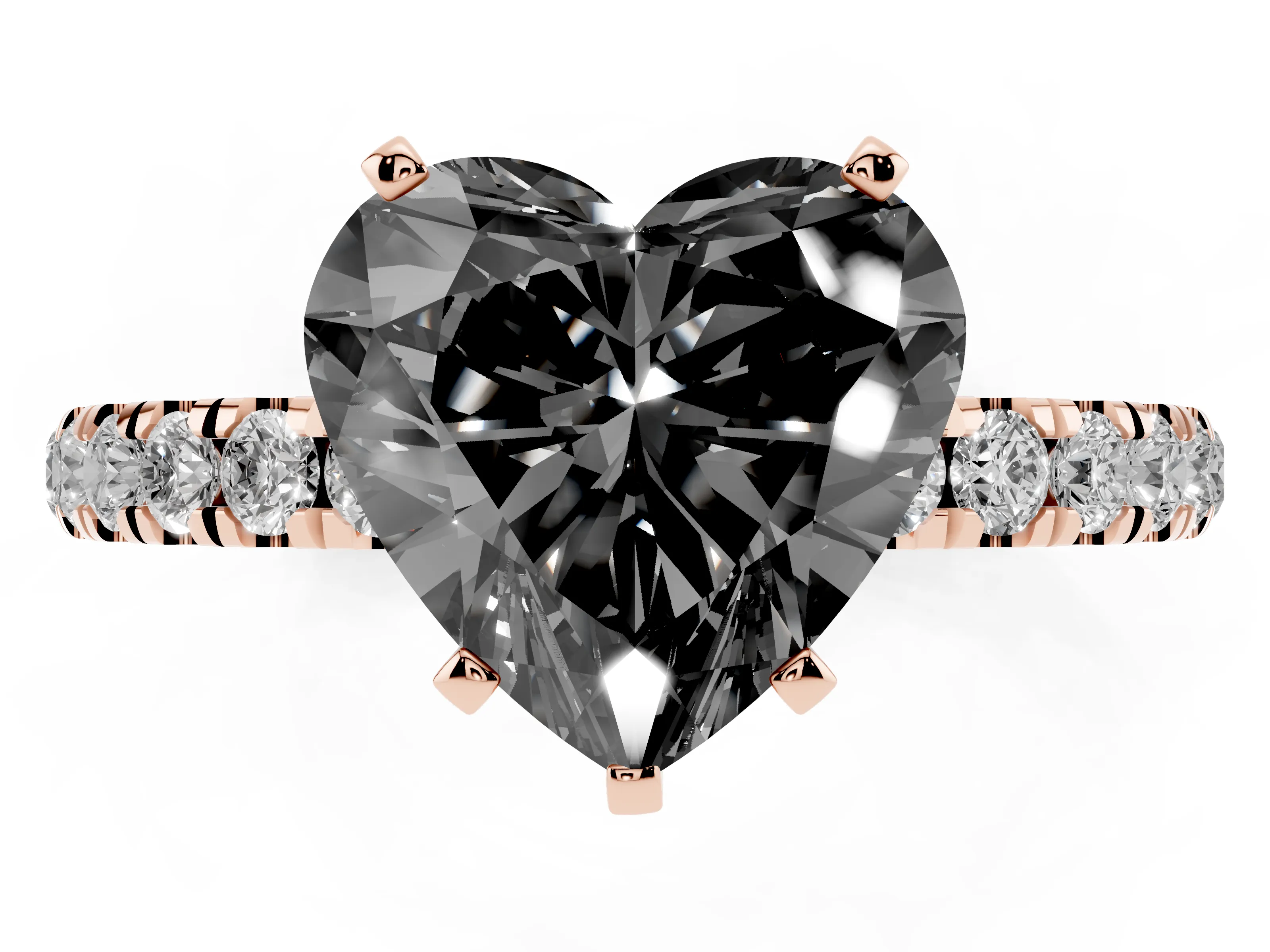 Fancy Black Heart Cut Diamond Solitaire Ring Set in Rose gold with Pavé Accents and Prong Setting