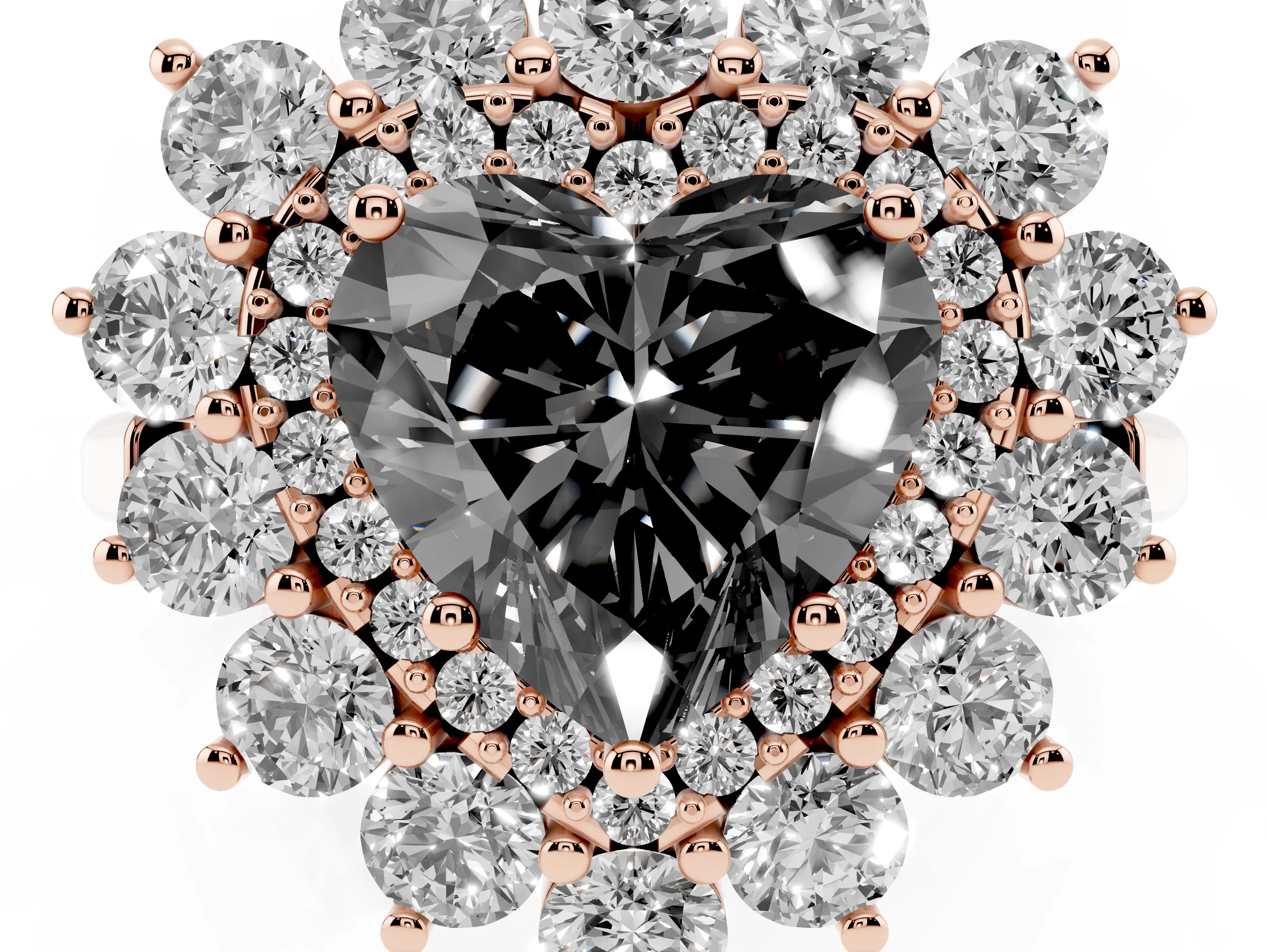 Fancy Black Heart Cut Diamond Floral Double Halo Ring Set in Rose gold with Round Petals