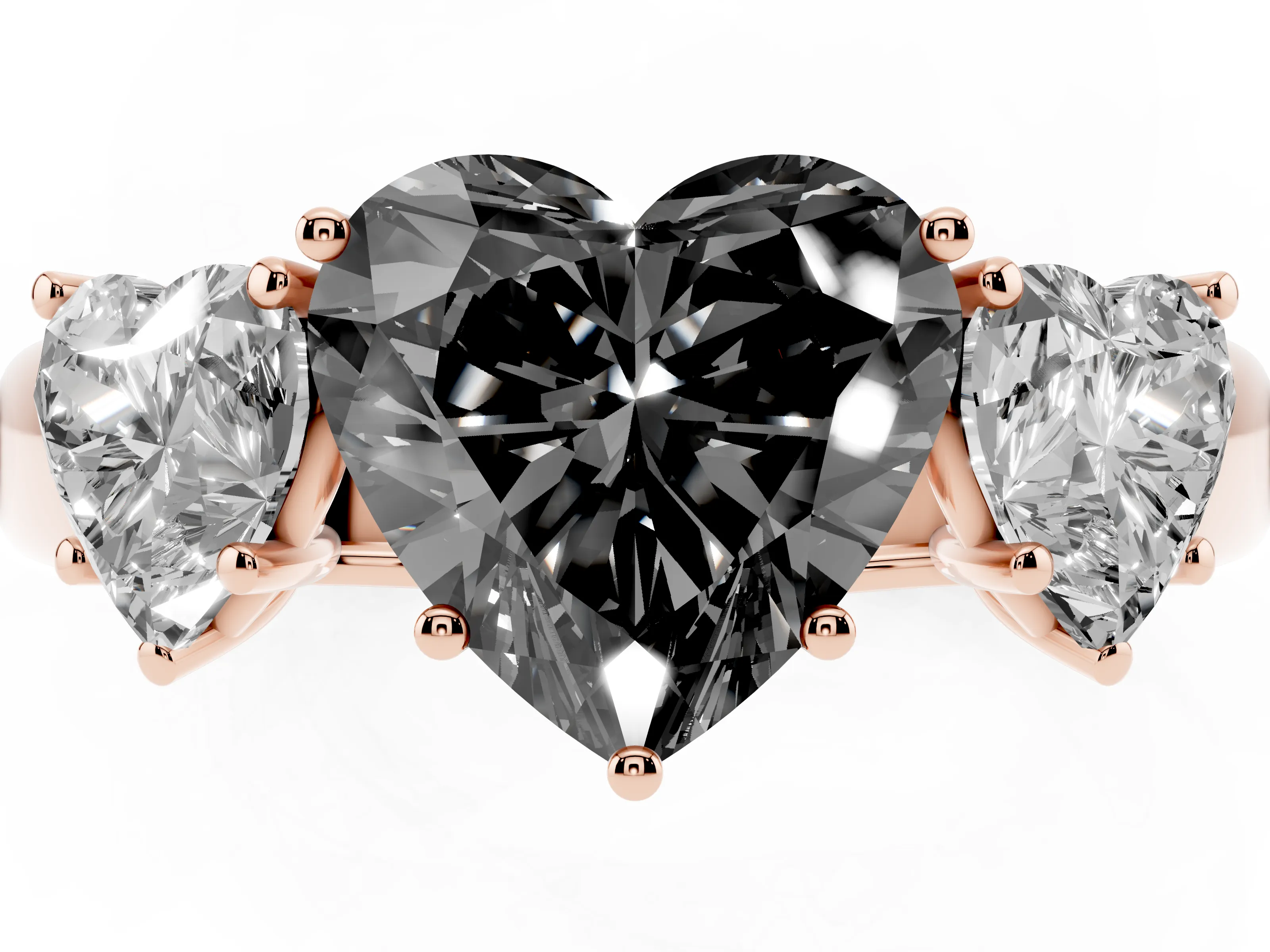 Fancy Black Three-Stone Heart Cut Diamond Ring Set in Rose gold with Matching Prong Settings and Plain Band