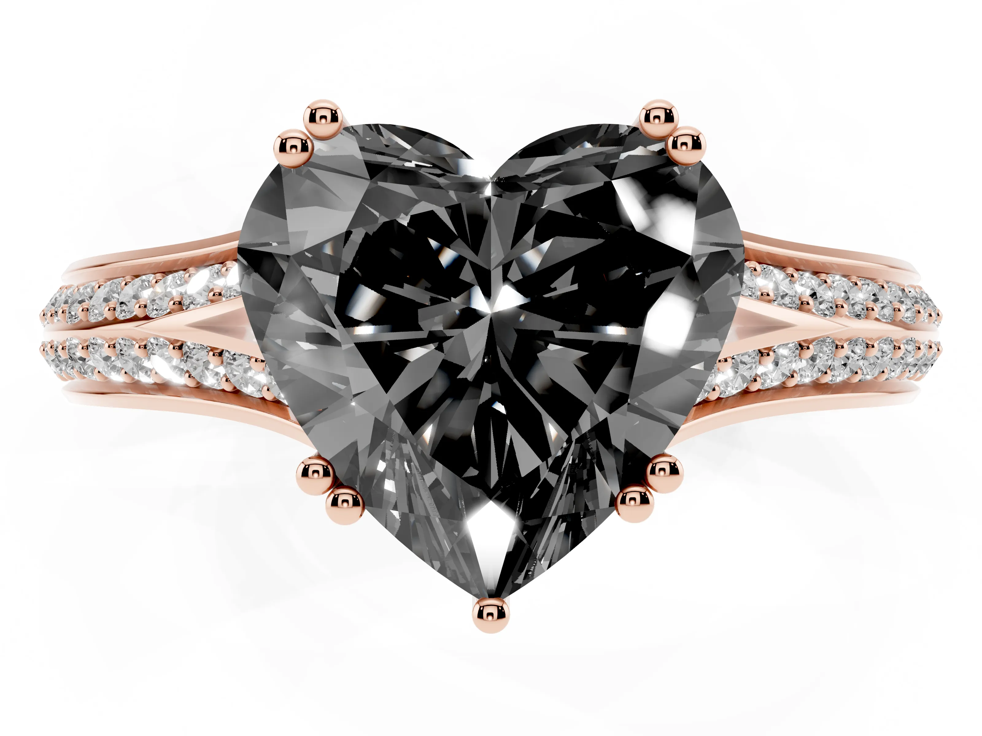 Fancy Black Heart Cut Diamond Split Shank Pavé Engagement Ring Set in Rose gold with Prong-Set Center Stone
