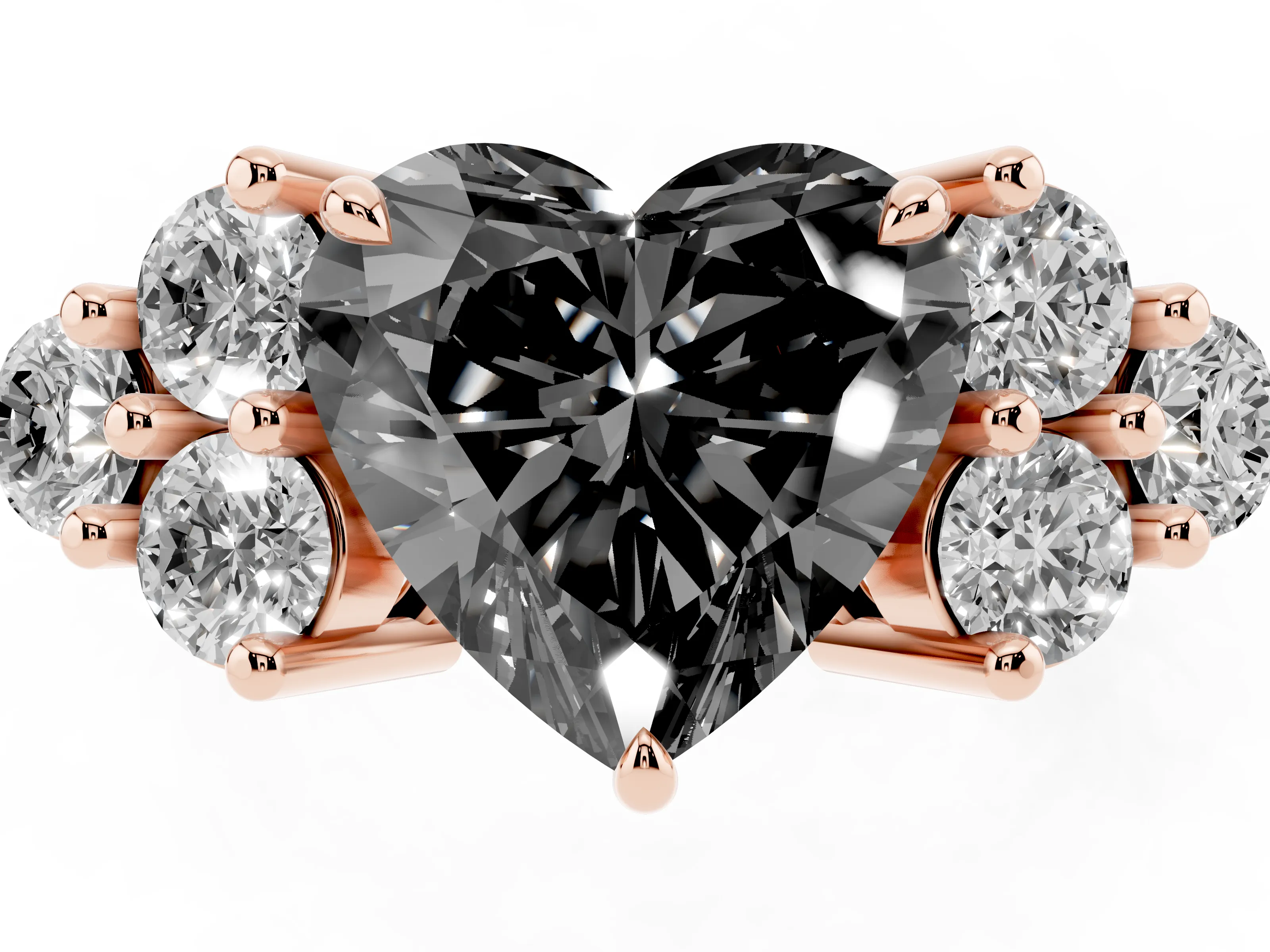 Fancy Black Heart Cut Diamond Solitaire Ring Set in Rose gold with Cluster Accents on Each Side
