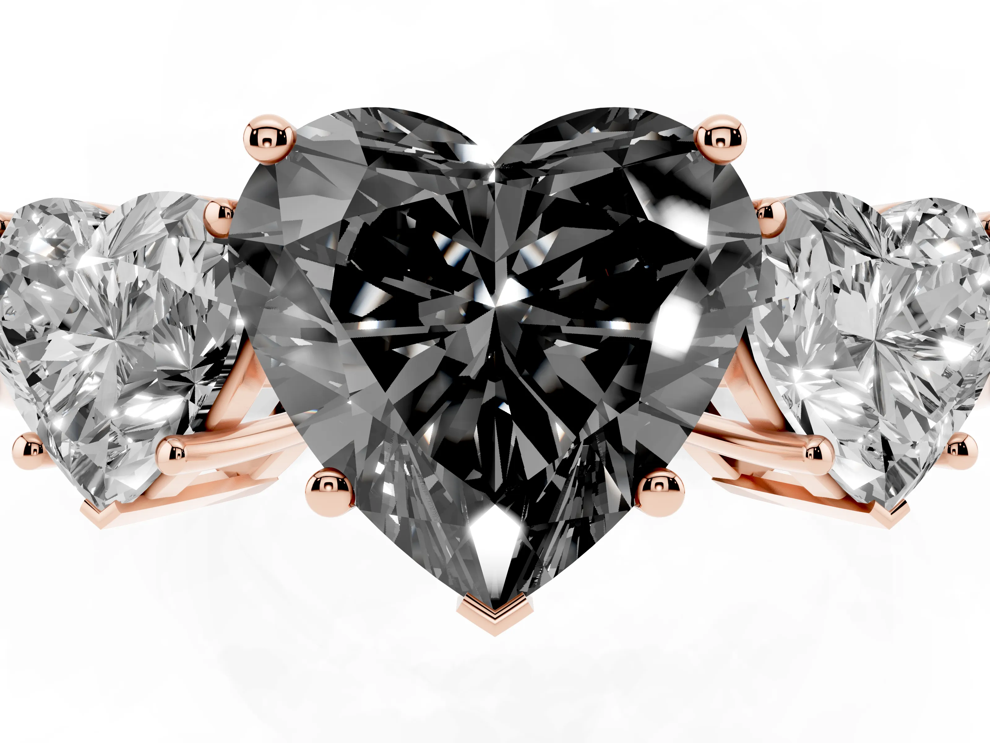 Fancy Black Heart Cut Diamond Three-Stone Engagement Ring Set in Rose gold with Flat Band