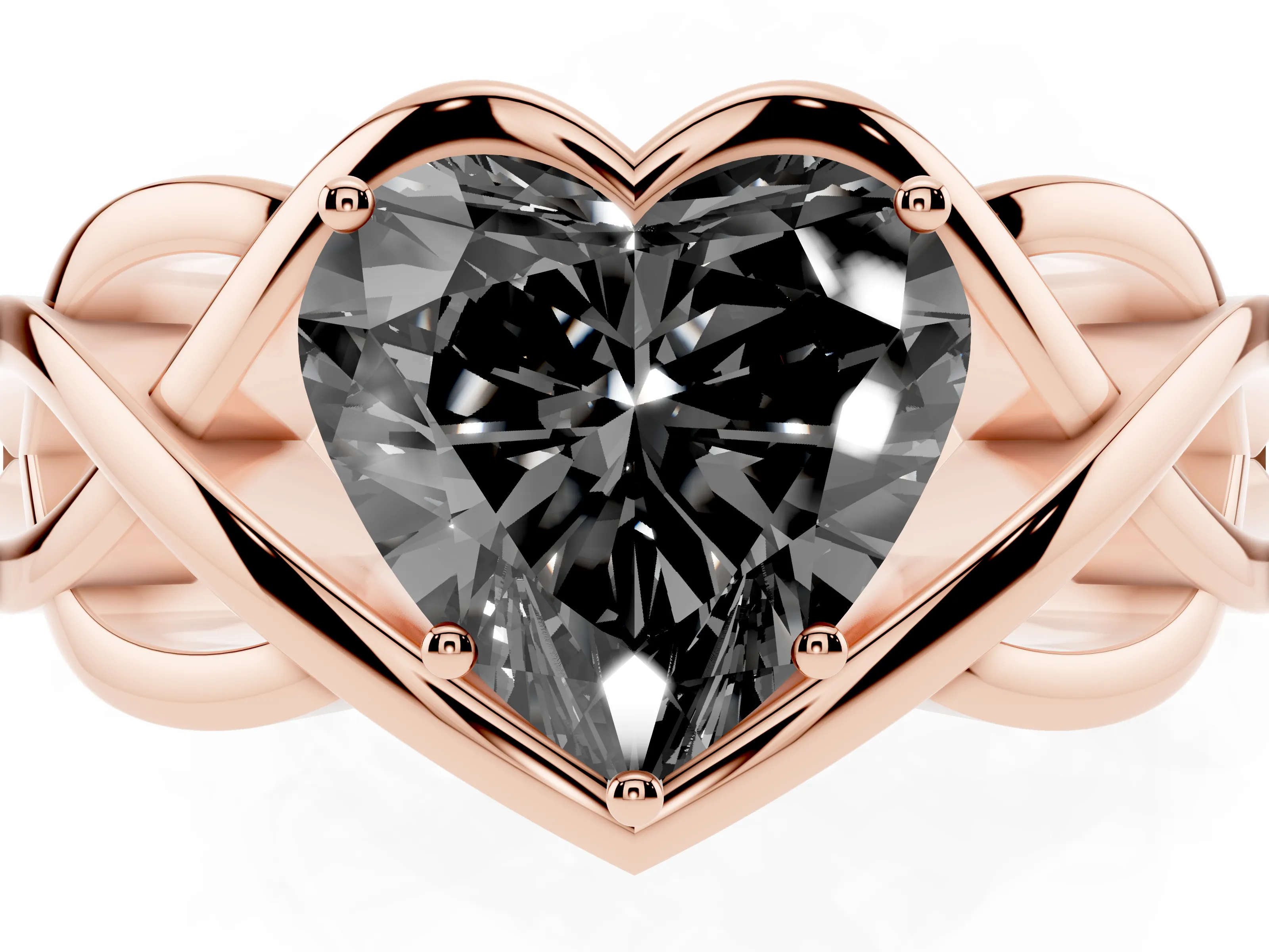 Fancy Black Heart Cut Diamond Solitaire Ring Set in Rose gold with Intertwined Band