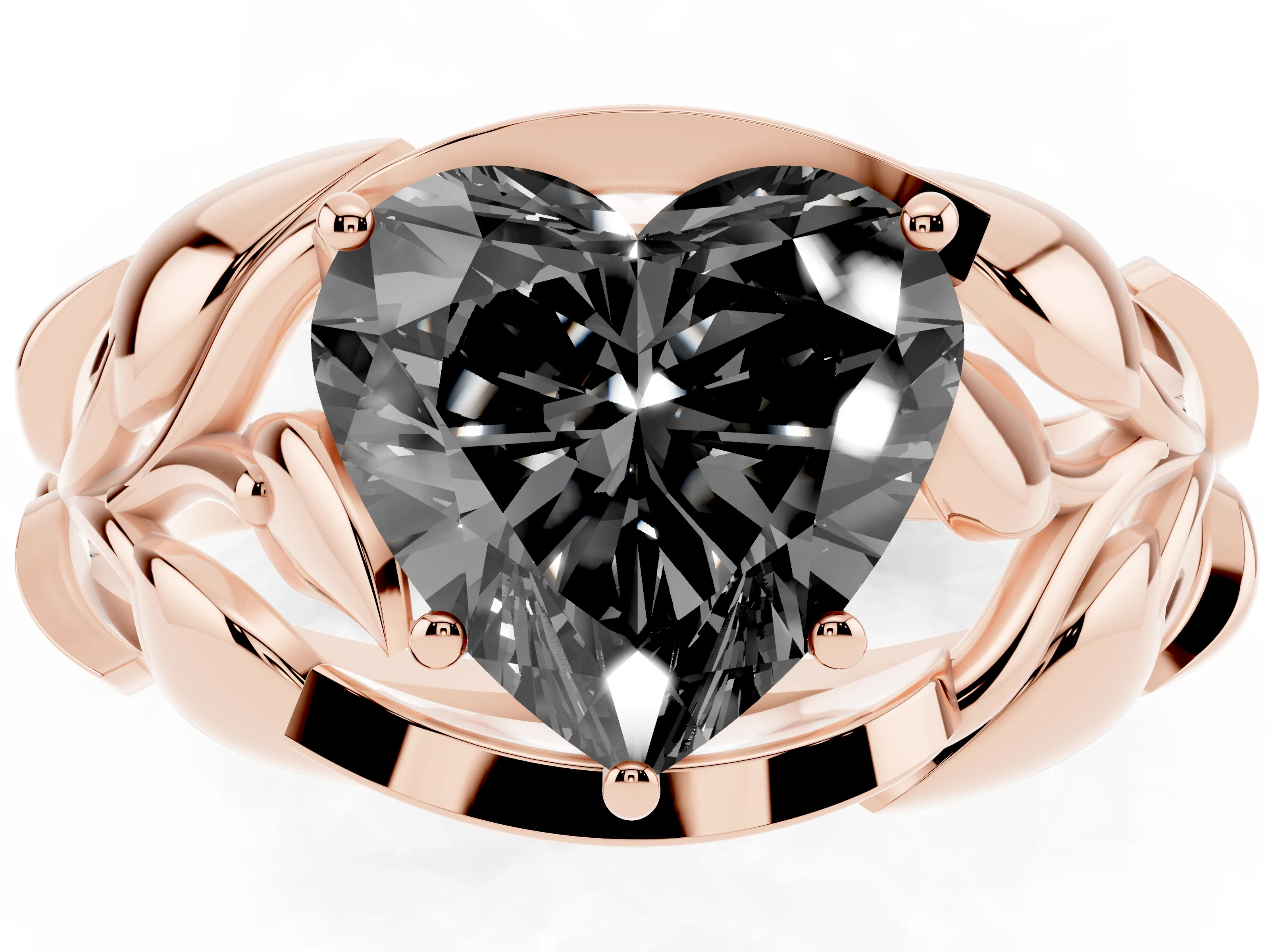Fancy Black Heart Cut Diamond Leaf-Inspired Engagement Ring Set in Rose gold with Round Accents