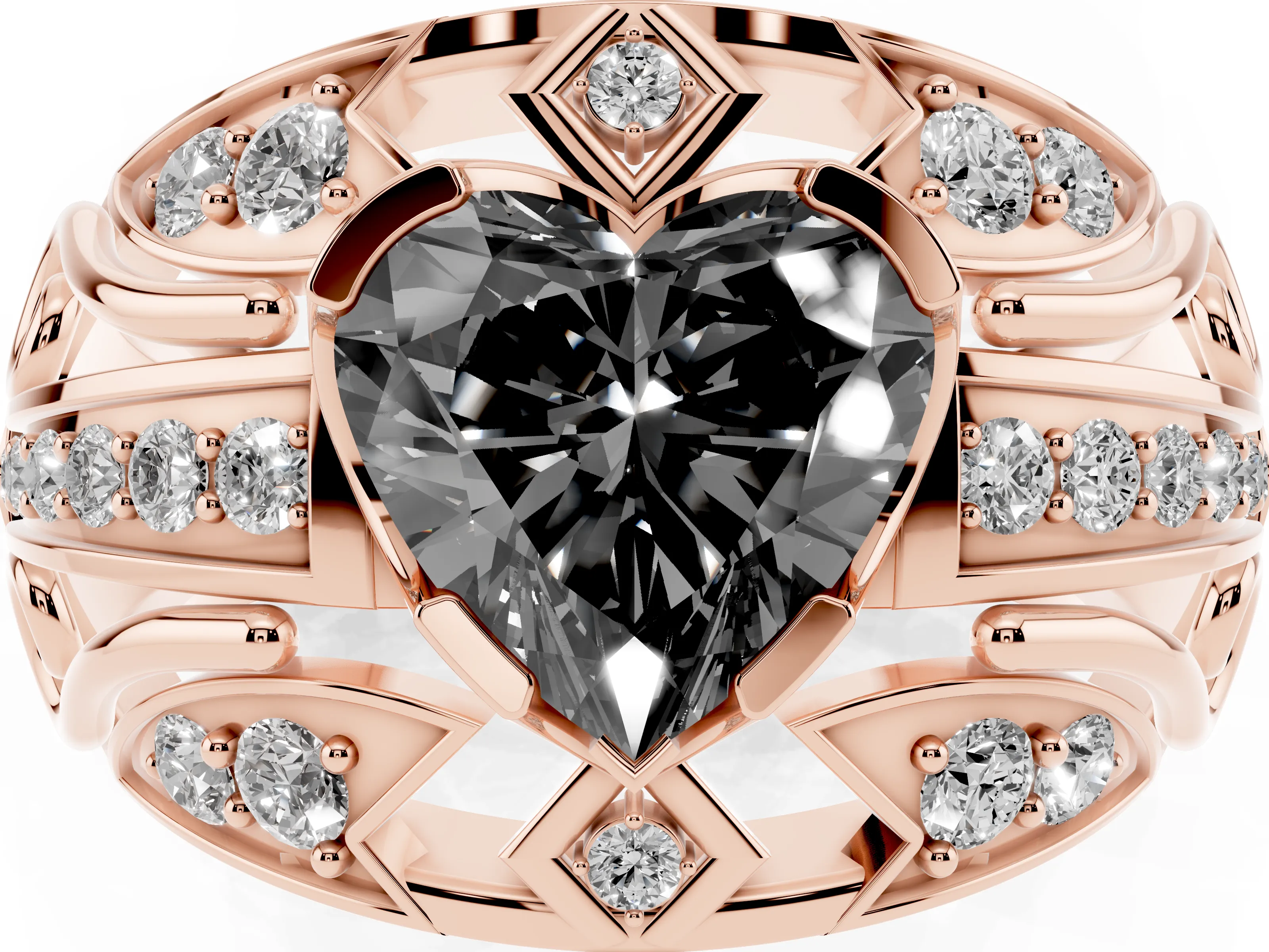 Fancy Black Heart Cut Diamond Art Deco Ring Set in Rose gold with Pavé Split Shank
