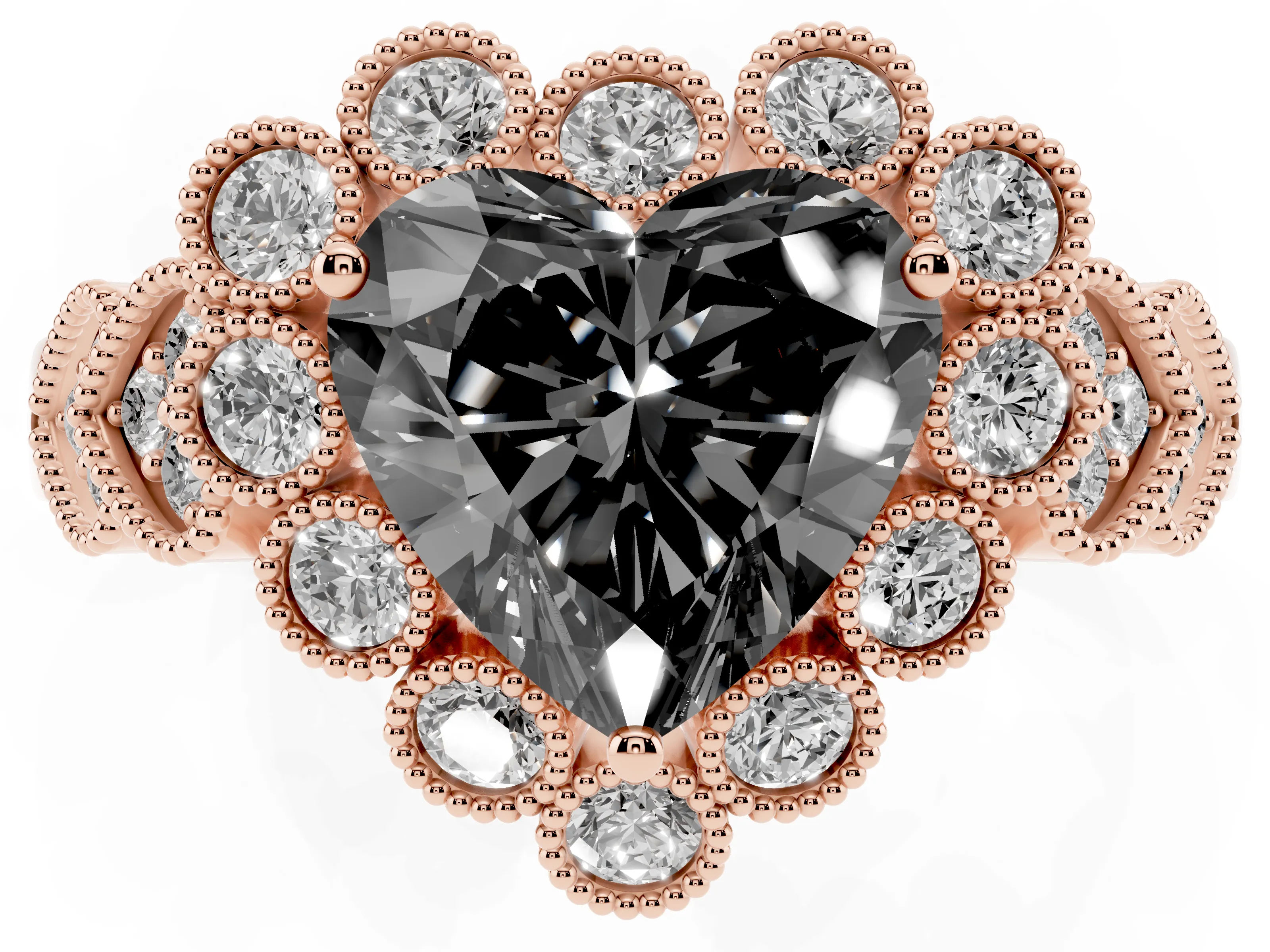 Fancy Black Heart Cut Diamond Solitaire Ring Set in Rose gold with Milgrain Pavé Heart Band