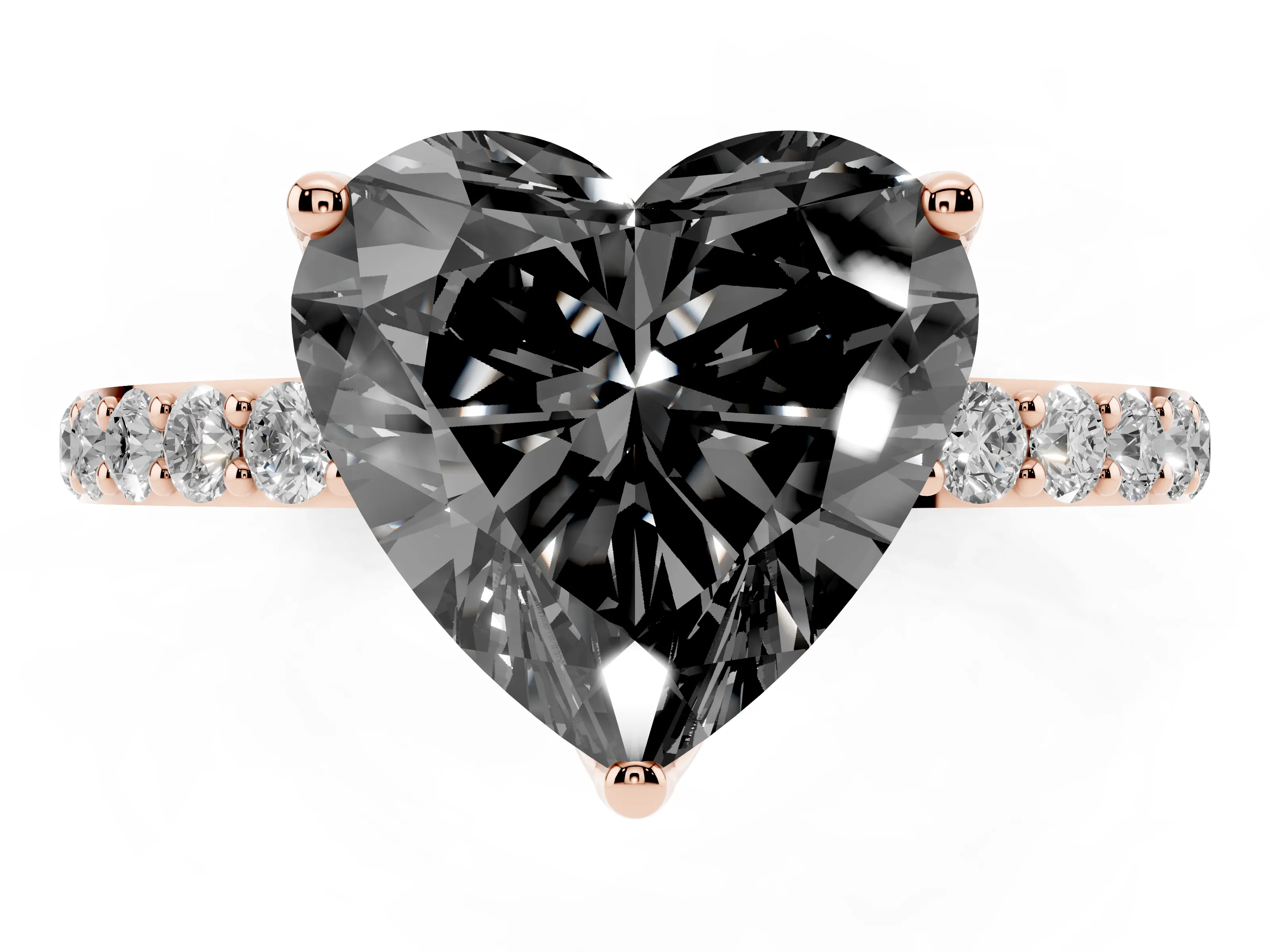 Fancy Black Heart Cut Diamond Solitaire Engagement Ring Set in Rose gold with Round Pavé Band and Prong Setting