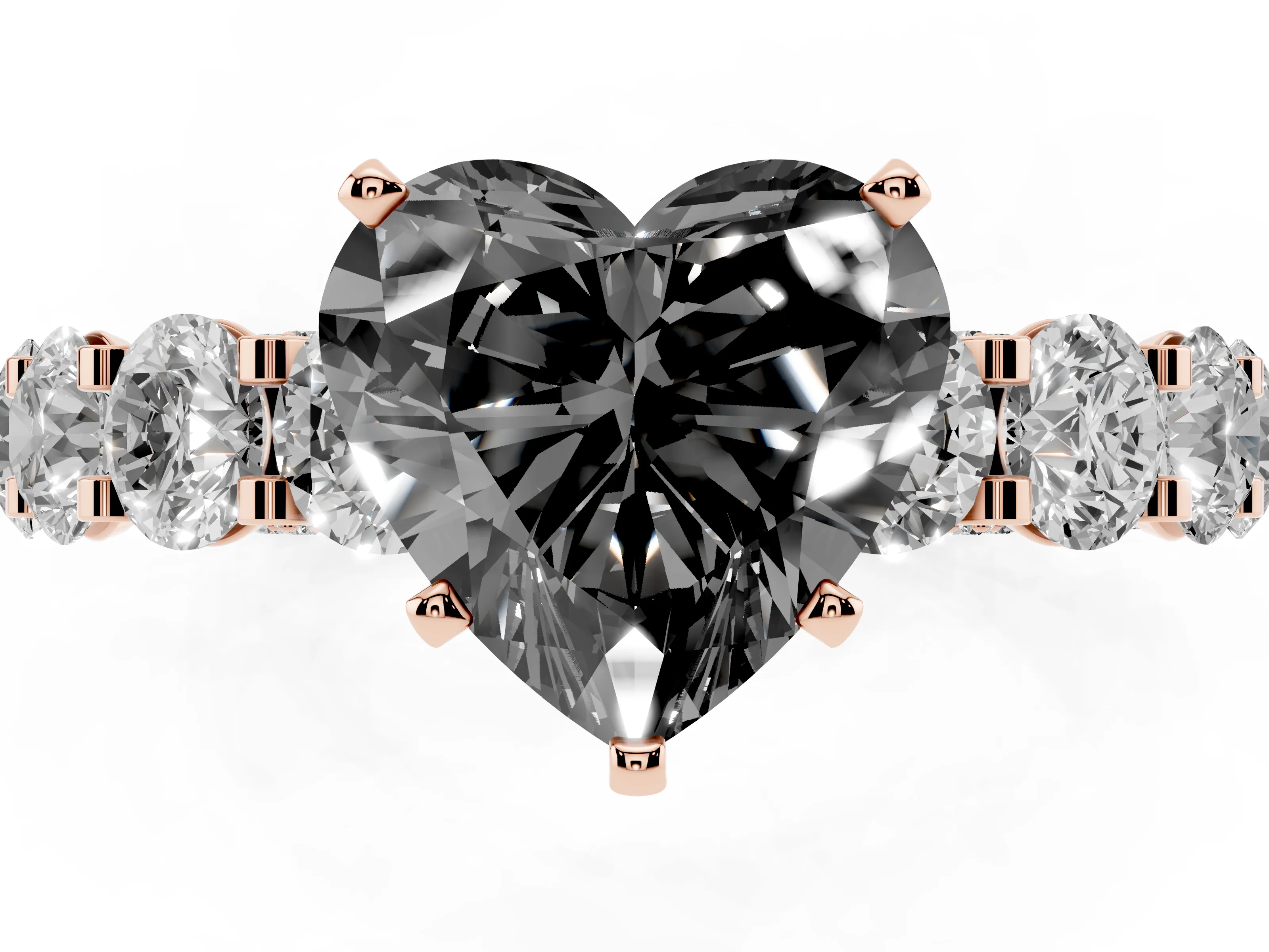 Fancy Black Heart Cut Diamond Side Stone Ring Set in Rose gold with Alternating Round and Oval Side Stones