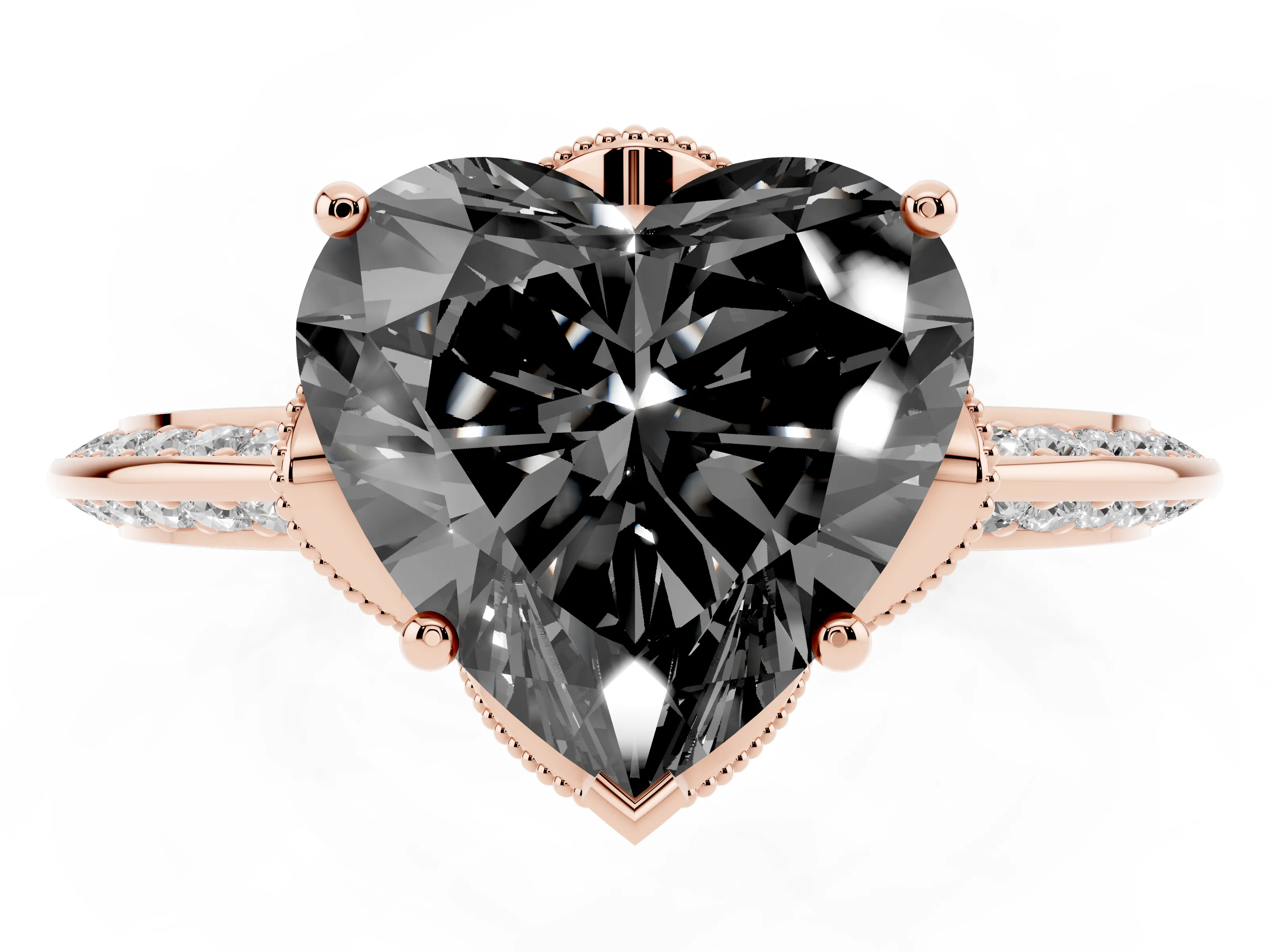 Fancy Black Heart Cut Diamond Solitaire Engagement Ring Set in Rose gold with Pavé Split Shank and Prong Setting
