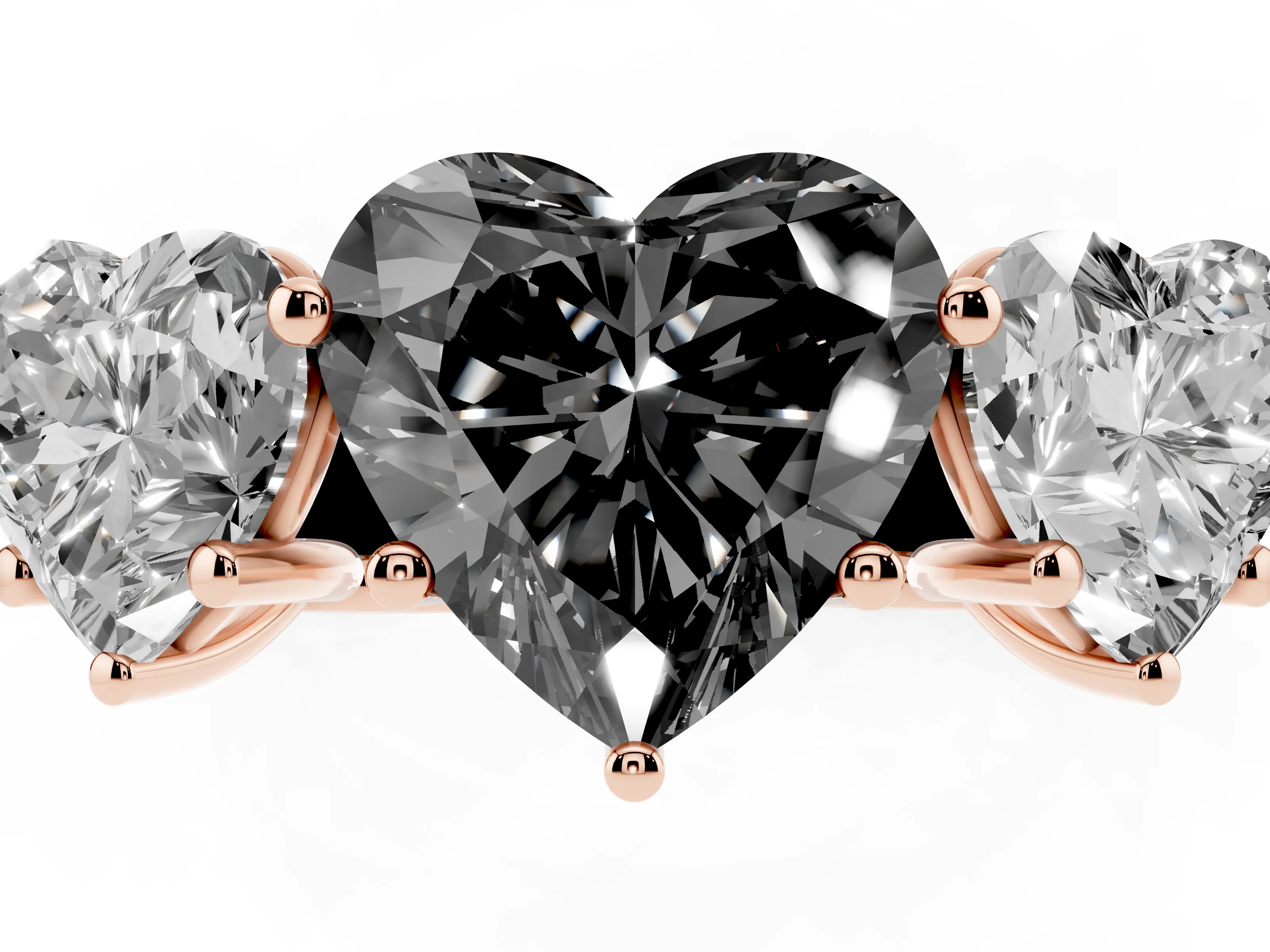 Fancy Black Heart Cut Diamond Three-Stone Ring Set in Rose gold with Plain Polished Band