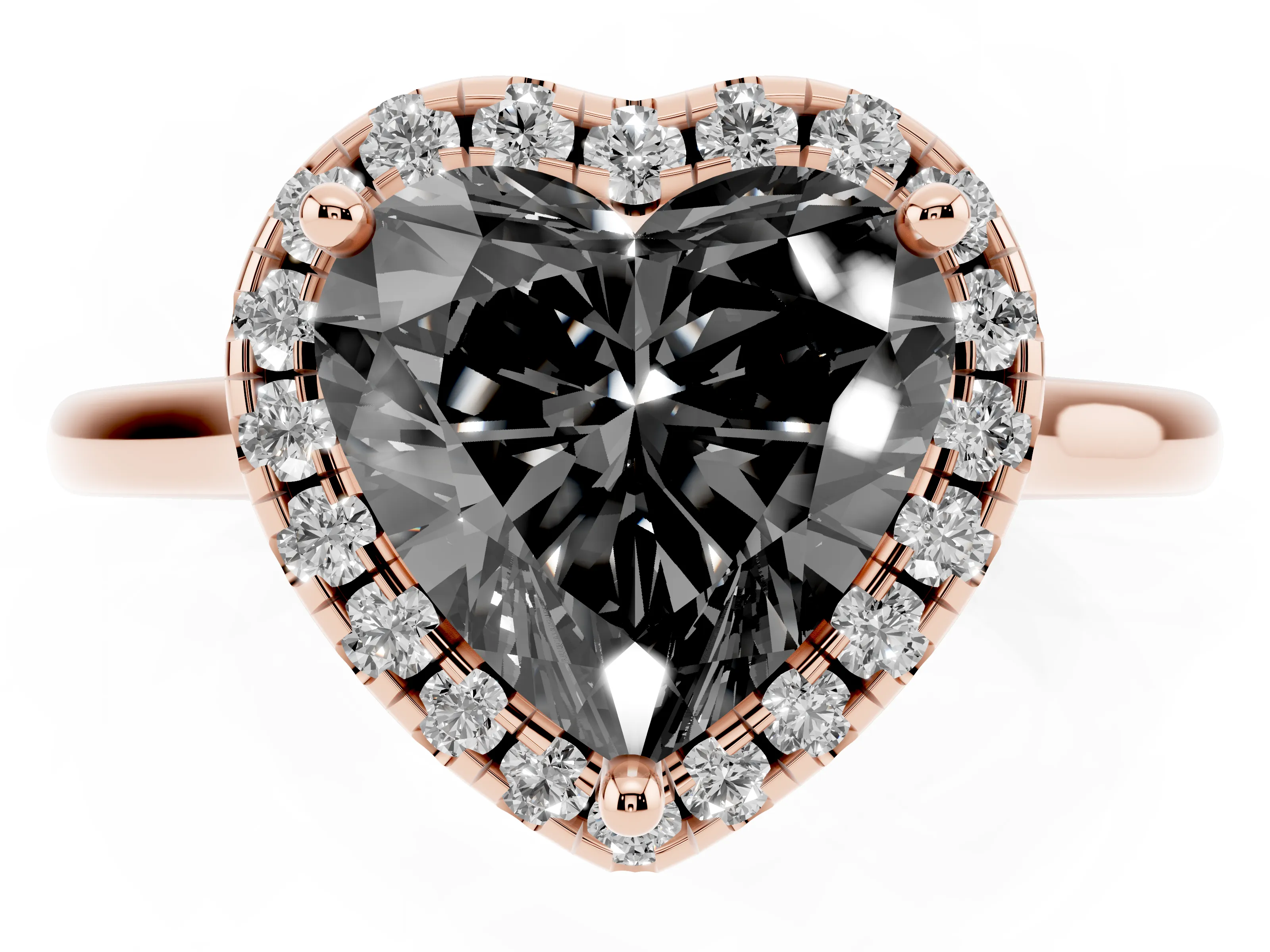 Fancy Black Heart Cut Diamond Halo Engagement Ring Set in Rose gold with Pavé Band and Rising Shoulders