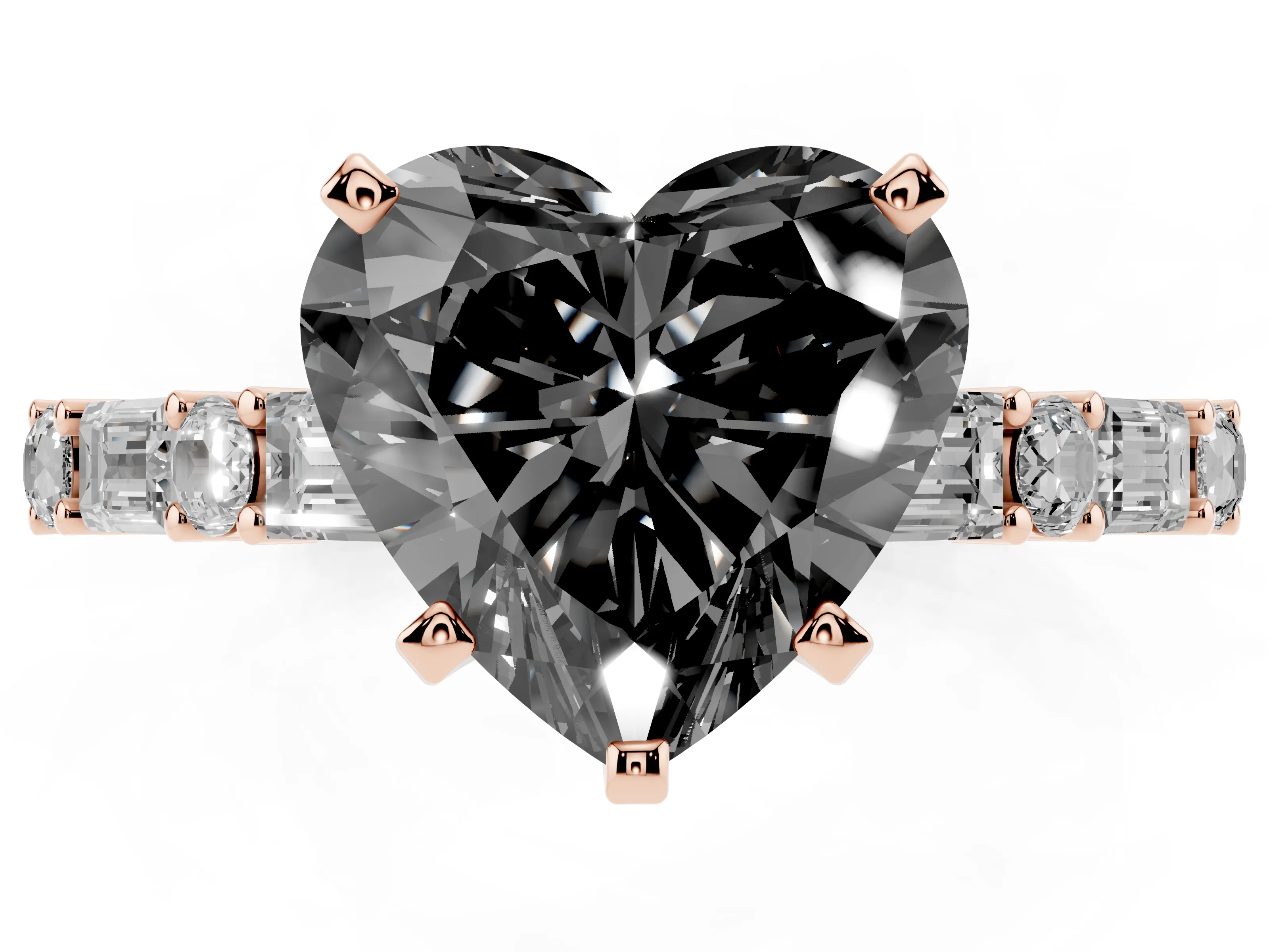 Fancy Black Heart Cut Diamond Solitaire Set in Rose gold with Side Baguettes and Channel Set Band