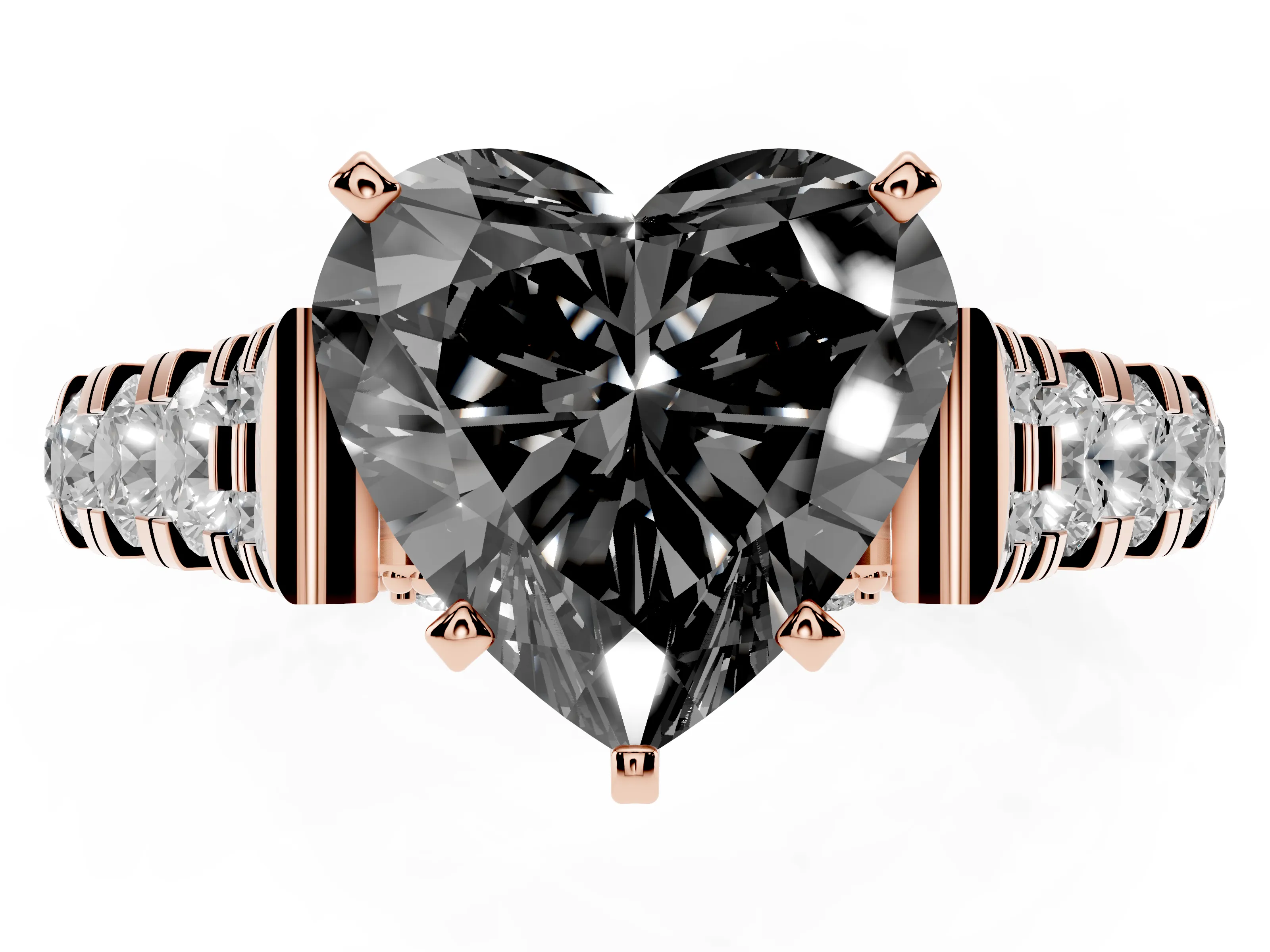 Fancy Black Heart Cut Diamond Classic Solitaire Ring Set in Rose gold with Pavé Band and Prong Setting