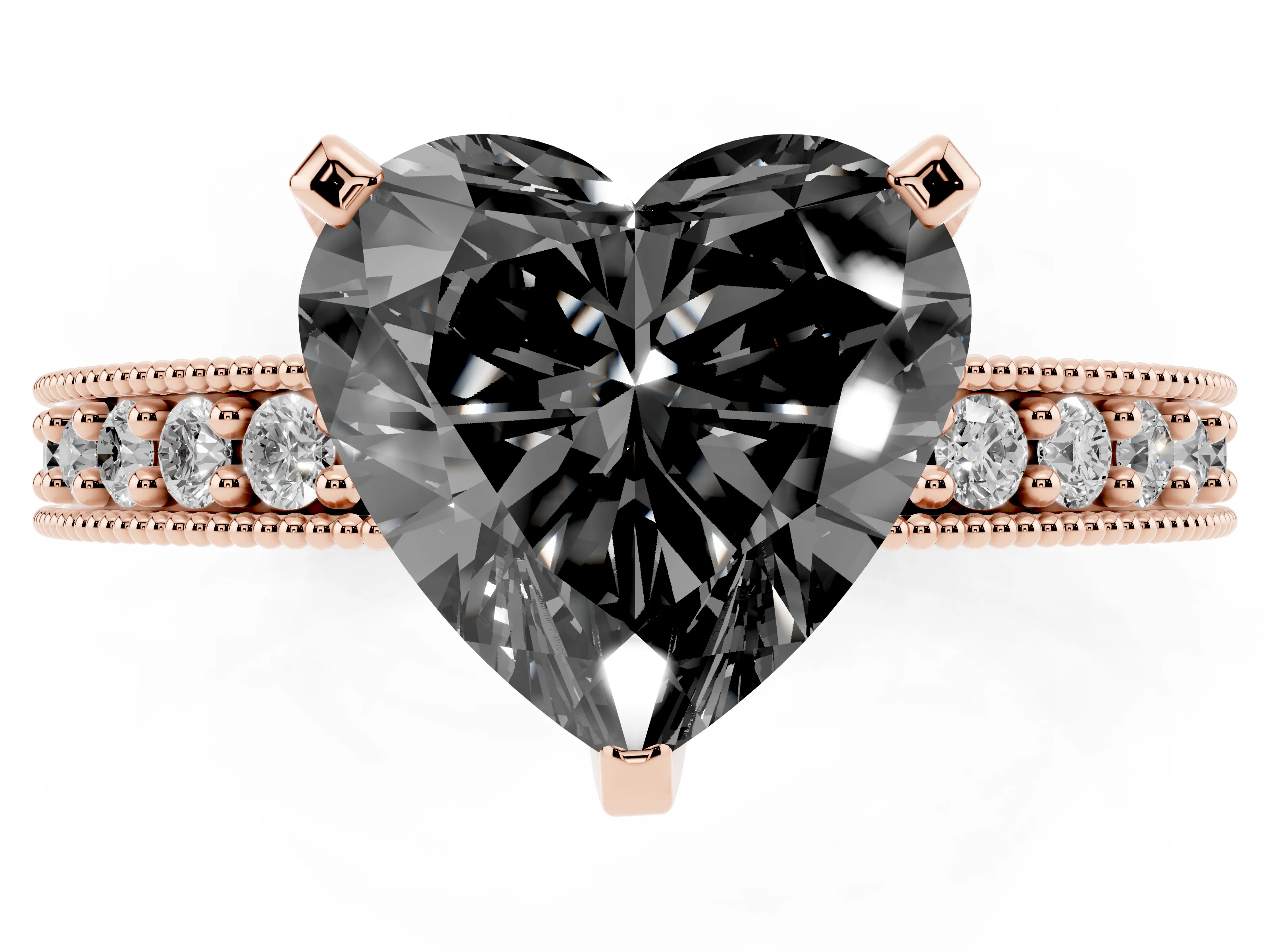 Fancy Black Heart Cut Diamond Milgrain Pavé Engagement Ring Set in Rose gold with Prong Setting
