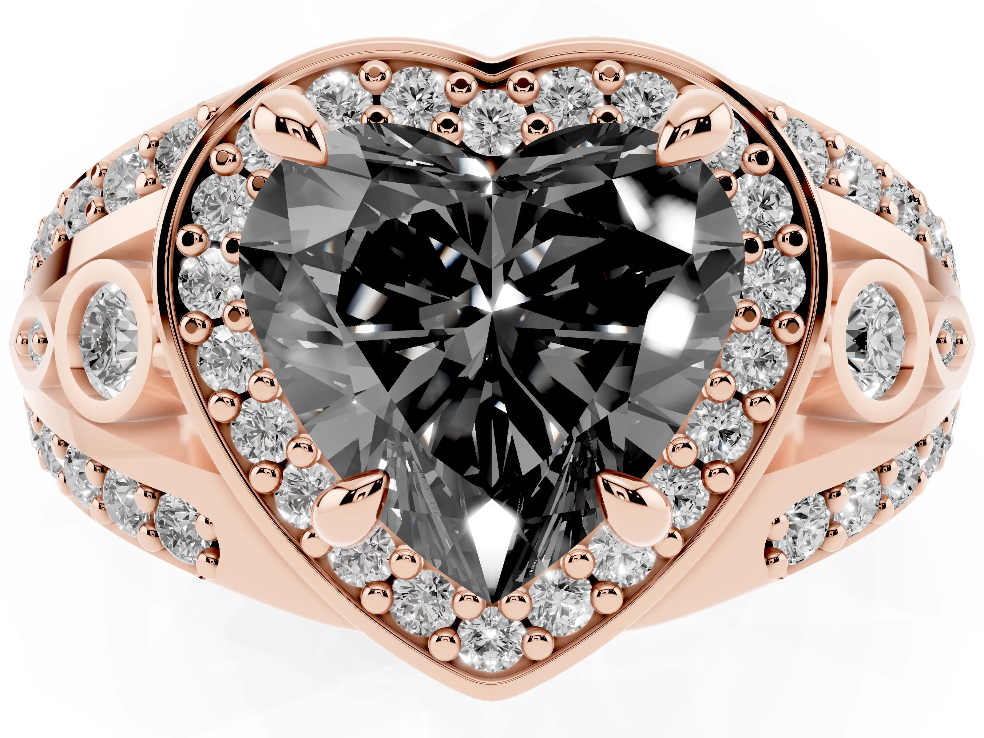 Fancy Black Heart Cut Diamond Halo Ring Set in Rose gold with Pavé Split Shank and Bezel Accents