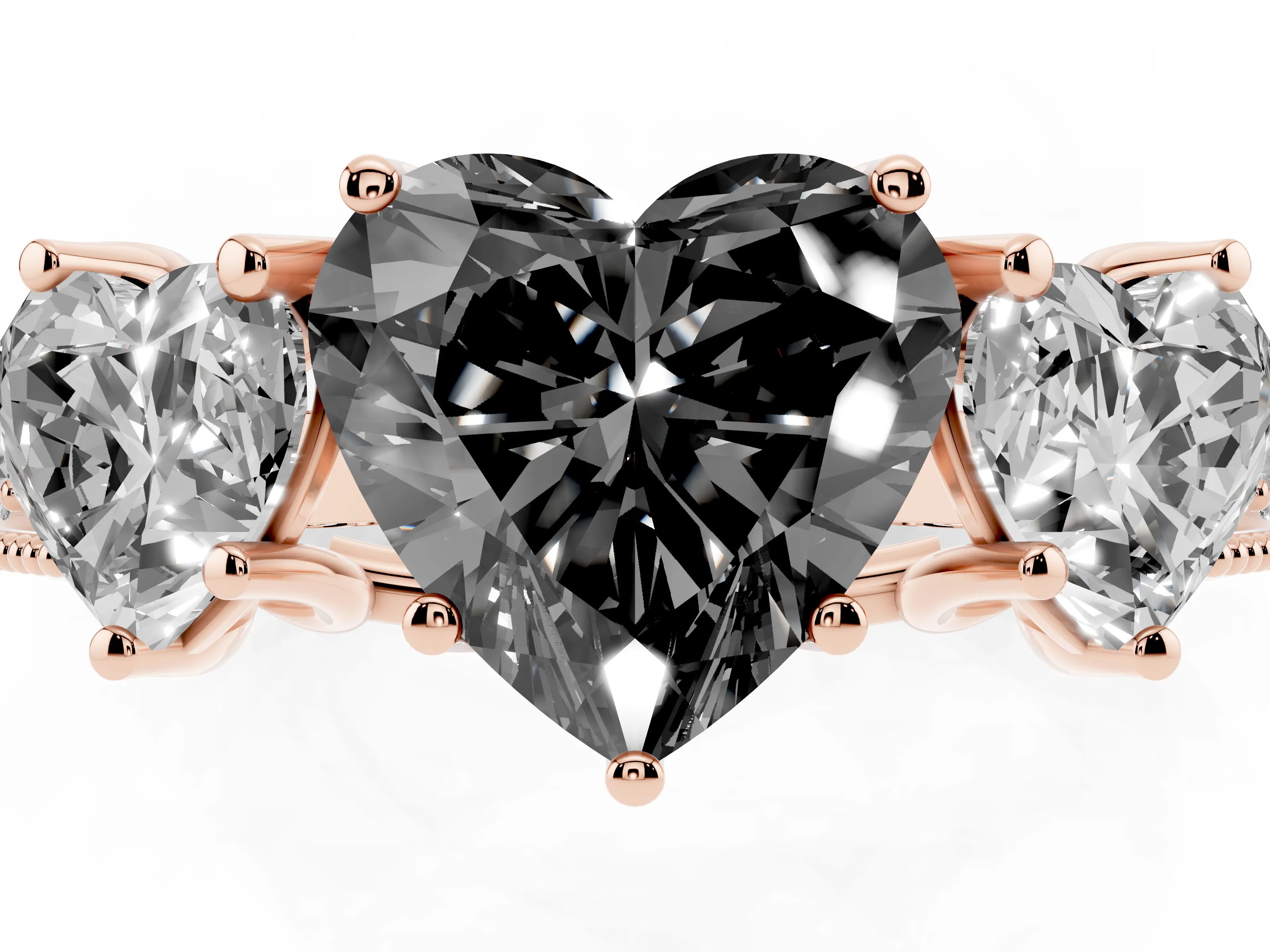 Fancy Black Heart Cut Diamond Three-Stone Engagement Ring Set in Rose gold with Milgrain Pavé Band