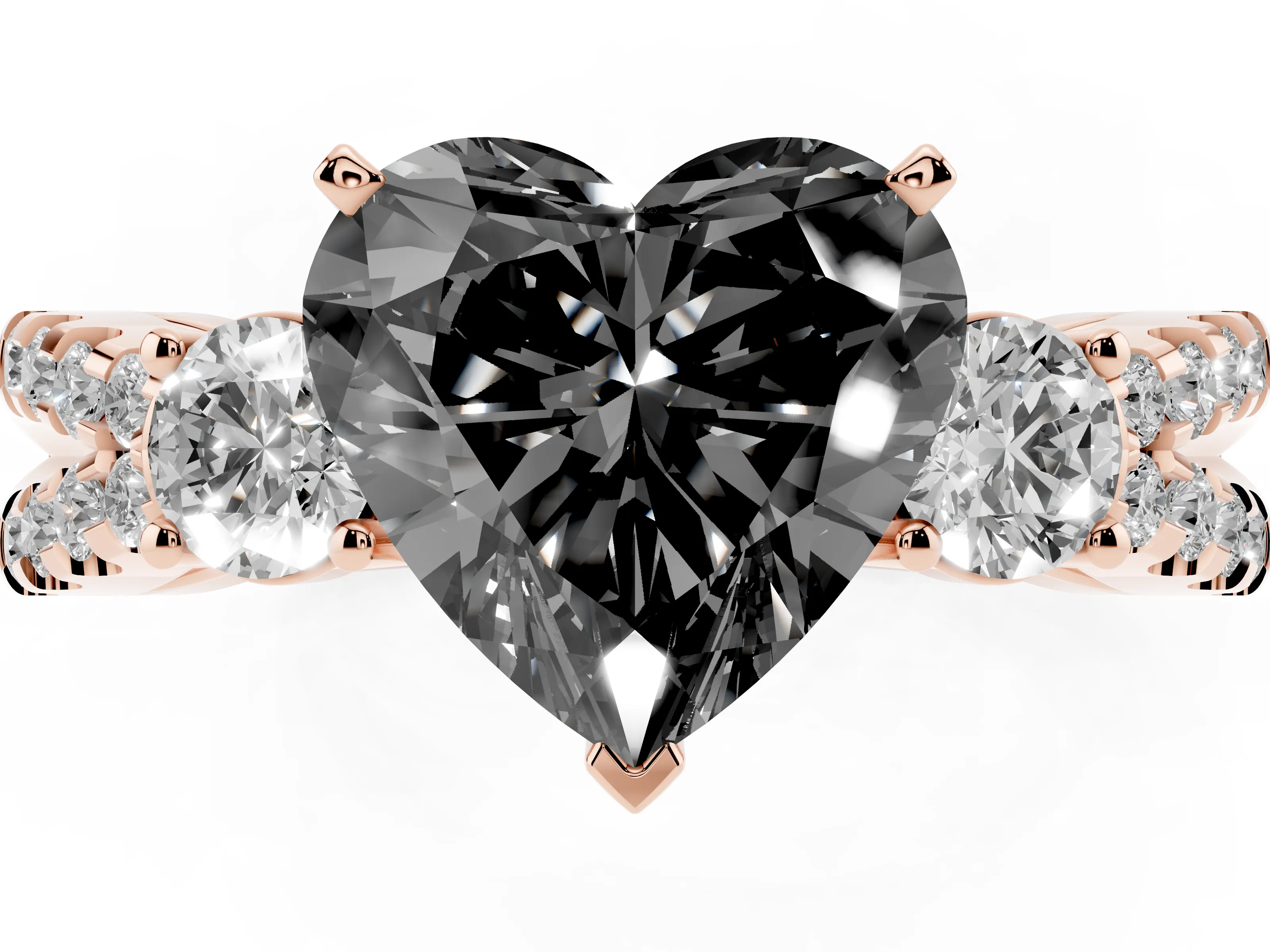 Fancy Black Heart Cut Diamond Three-Stone Ring Set in Rose gold with Pavé Split Shank and Prong Setting