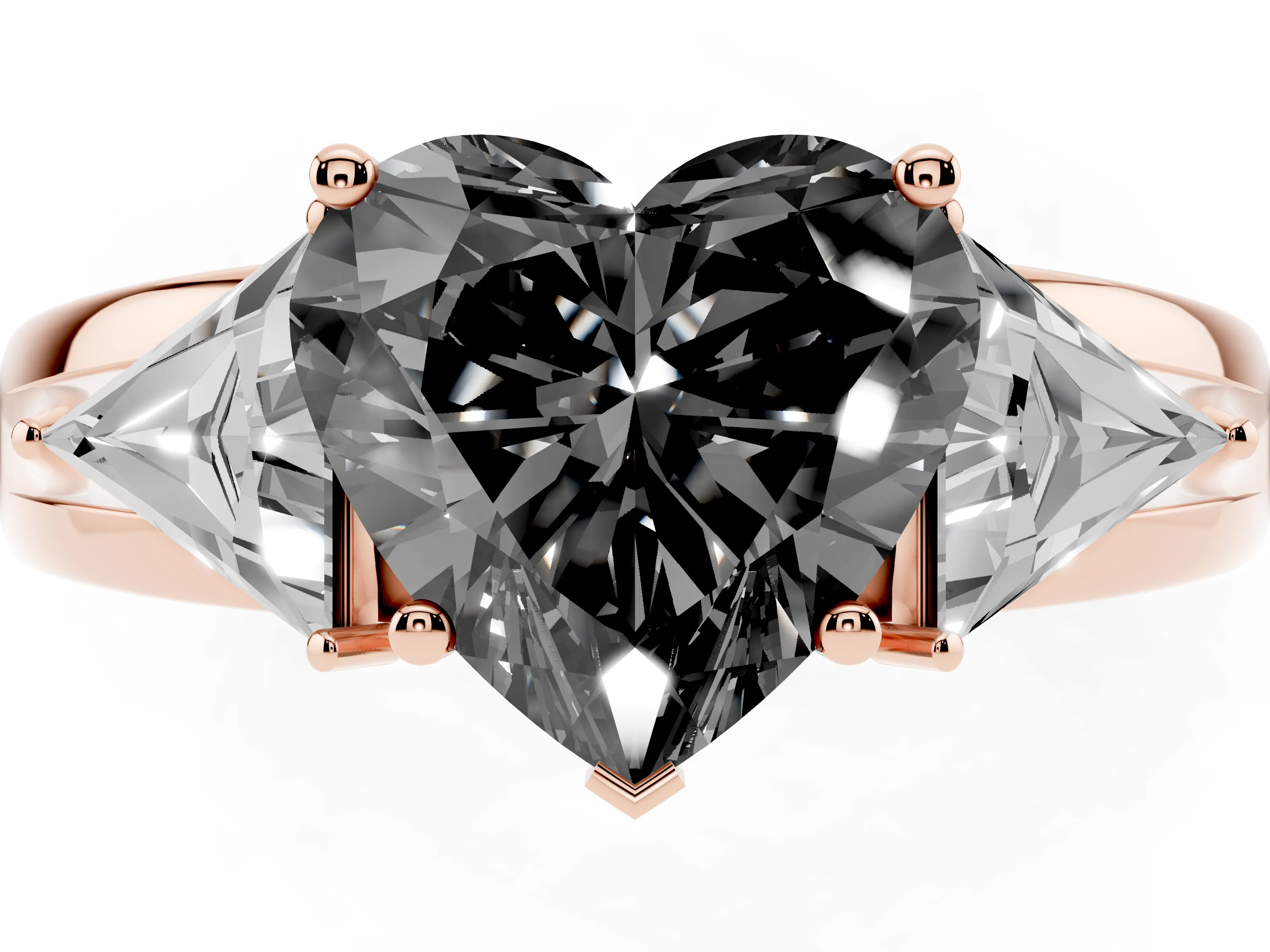 Fancy Black Heart Cut Diamond Three-Stone Ring Set in Rose gold with Trillion Side Stones and Split Shank