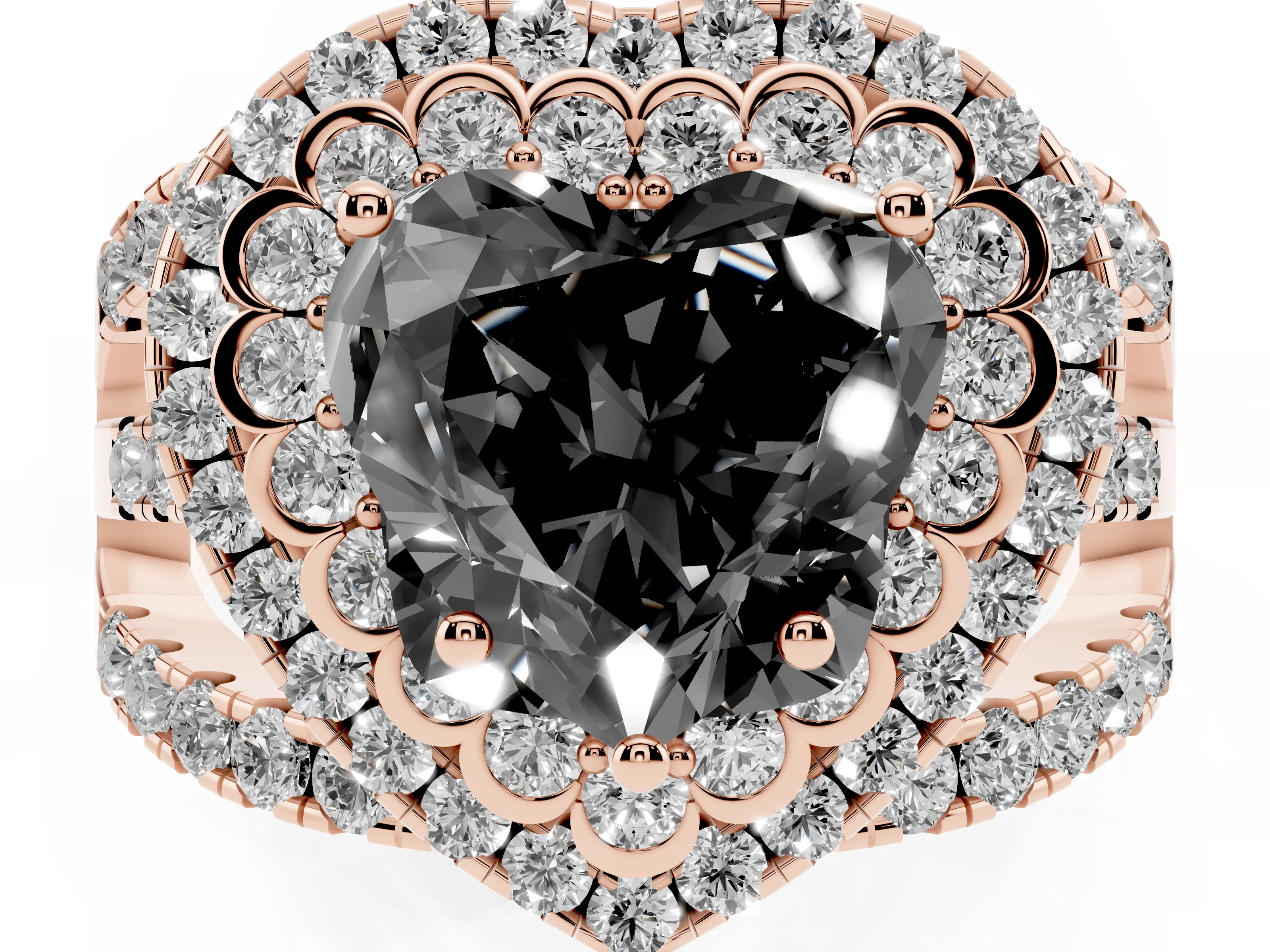 Fancy Black Heart Cut Diamond Double Halo Ring Set in Rose gold with Round Pavé Split Shank