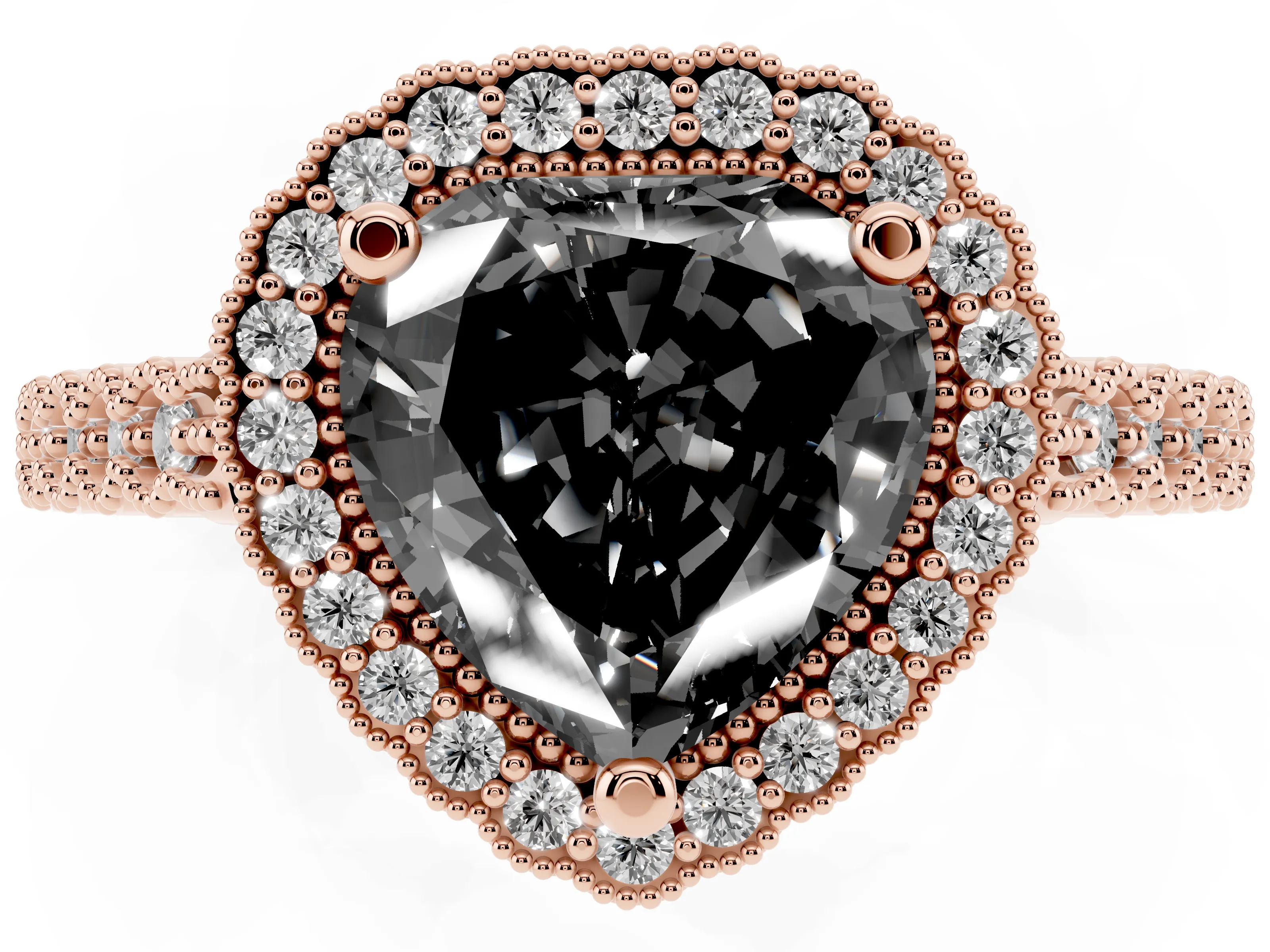Fancy Black Heart Cut Diamond Halo Ring Set in Rose gold with Pavé Milgrain Band