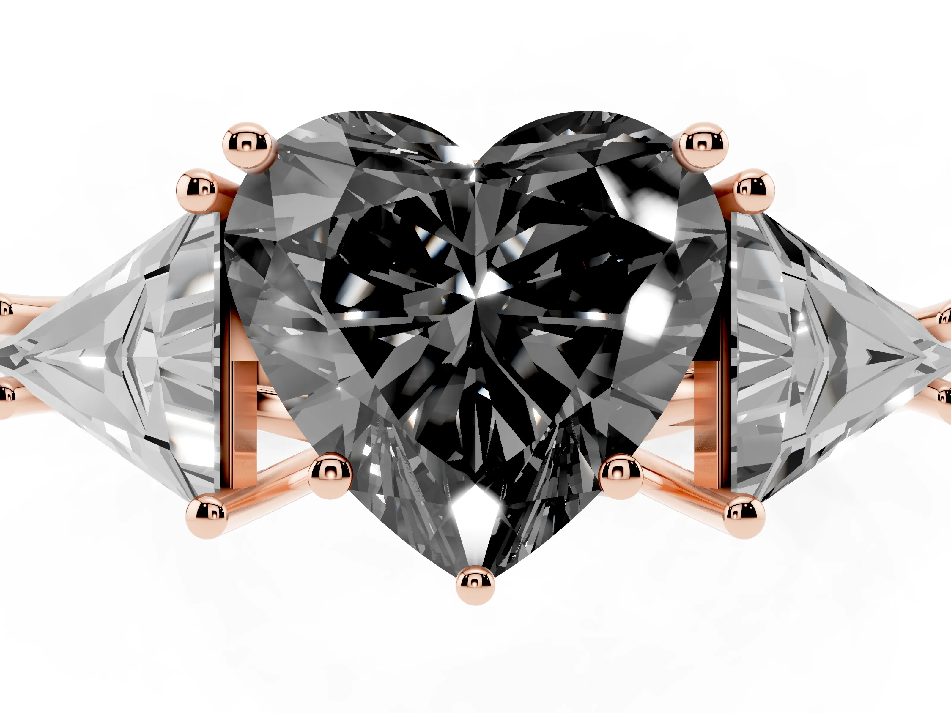Fancy Black Heart Cut Diamond Three-Stone Engagement Ring Set in Rose gold with Trillion Side Stones