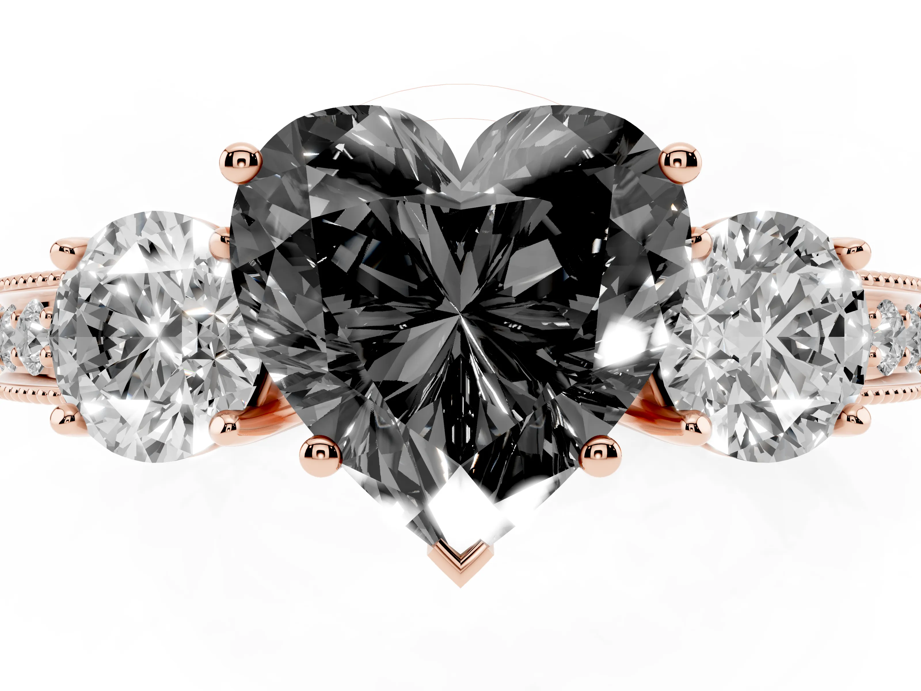 Fancy Black Heart Cut Diamond Three-Stone Ring Set in Rose gold with Round Side Stones and Pavé Band